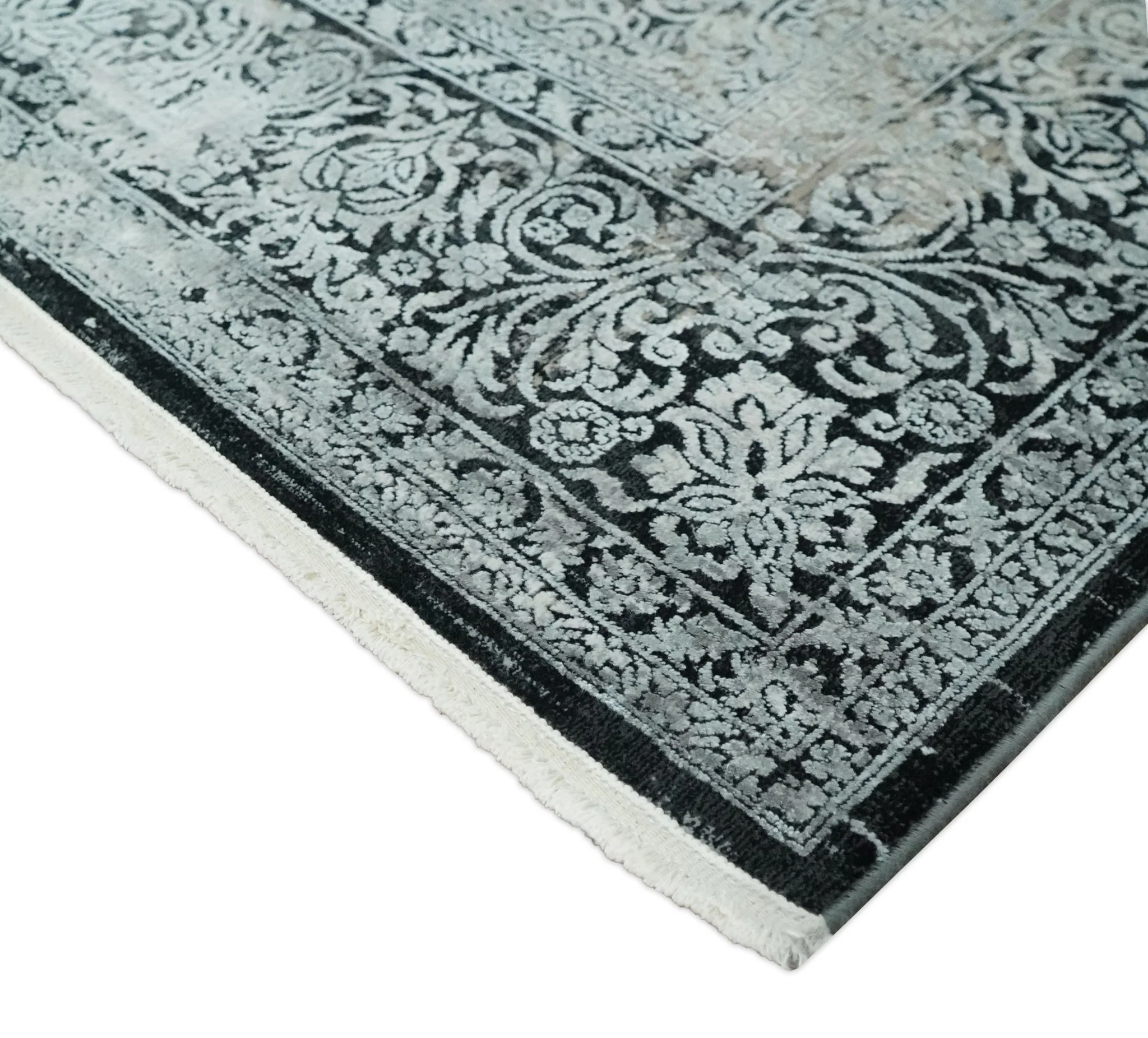 Black, Beige and Silver Antique Finish, Vintage look, Art Silk Area Rug, Living Room Rug - Image 5