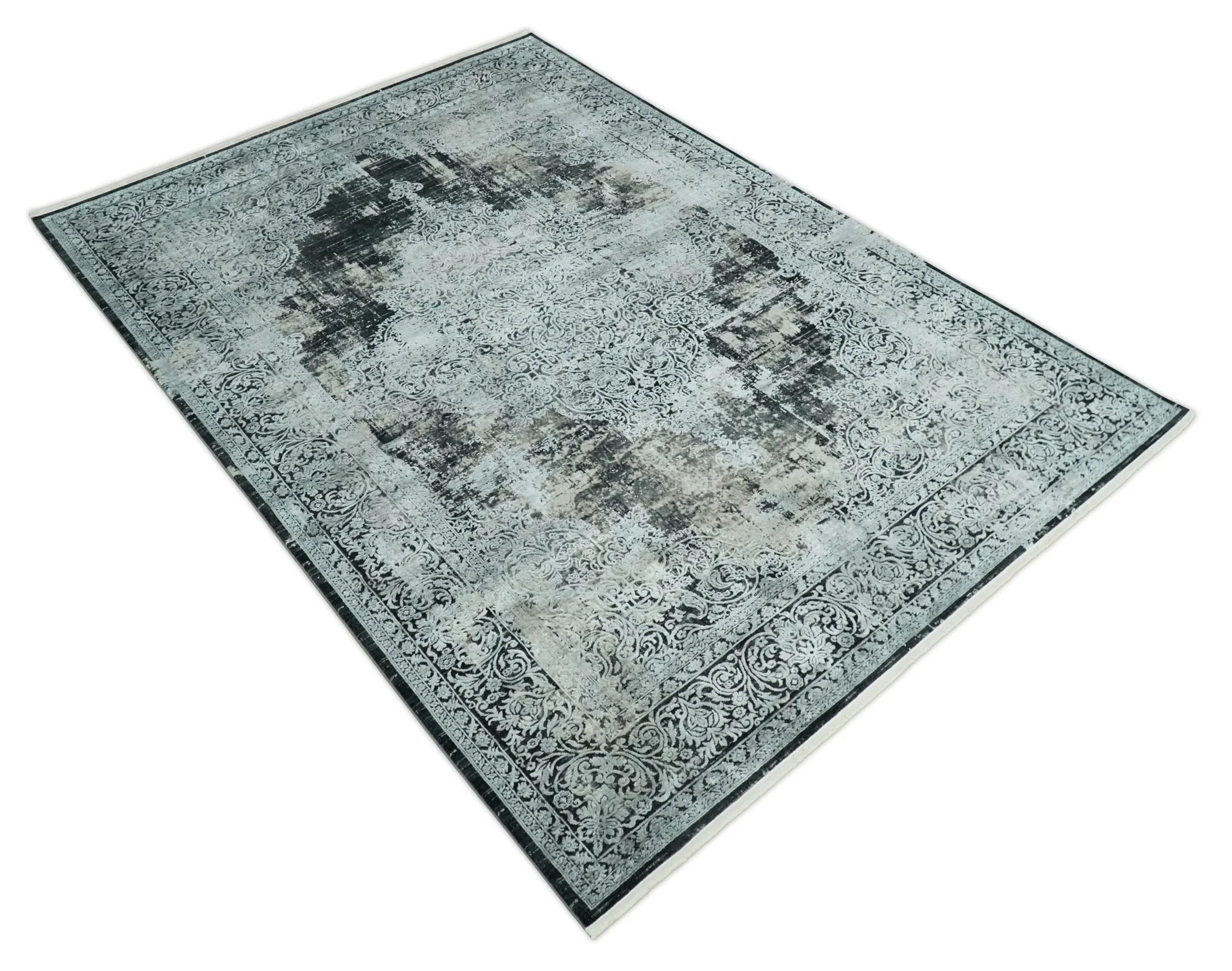Black, Beige and Silver Antique Finish, Vintage look, Art Silk Area Rug, Living Room Rug - Image 6