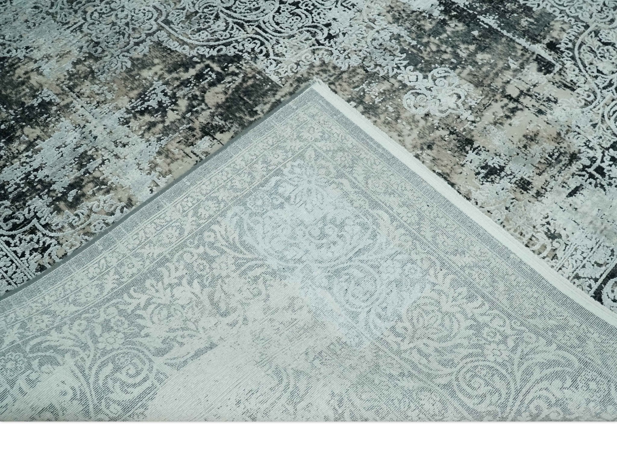 Black, Beige and Silver Antique Finish, Vintage look, Art Silk Area Rug, Living Room Rug - Image 7