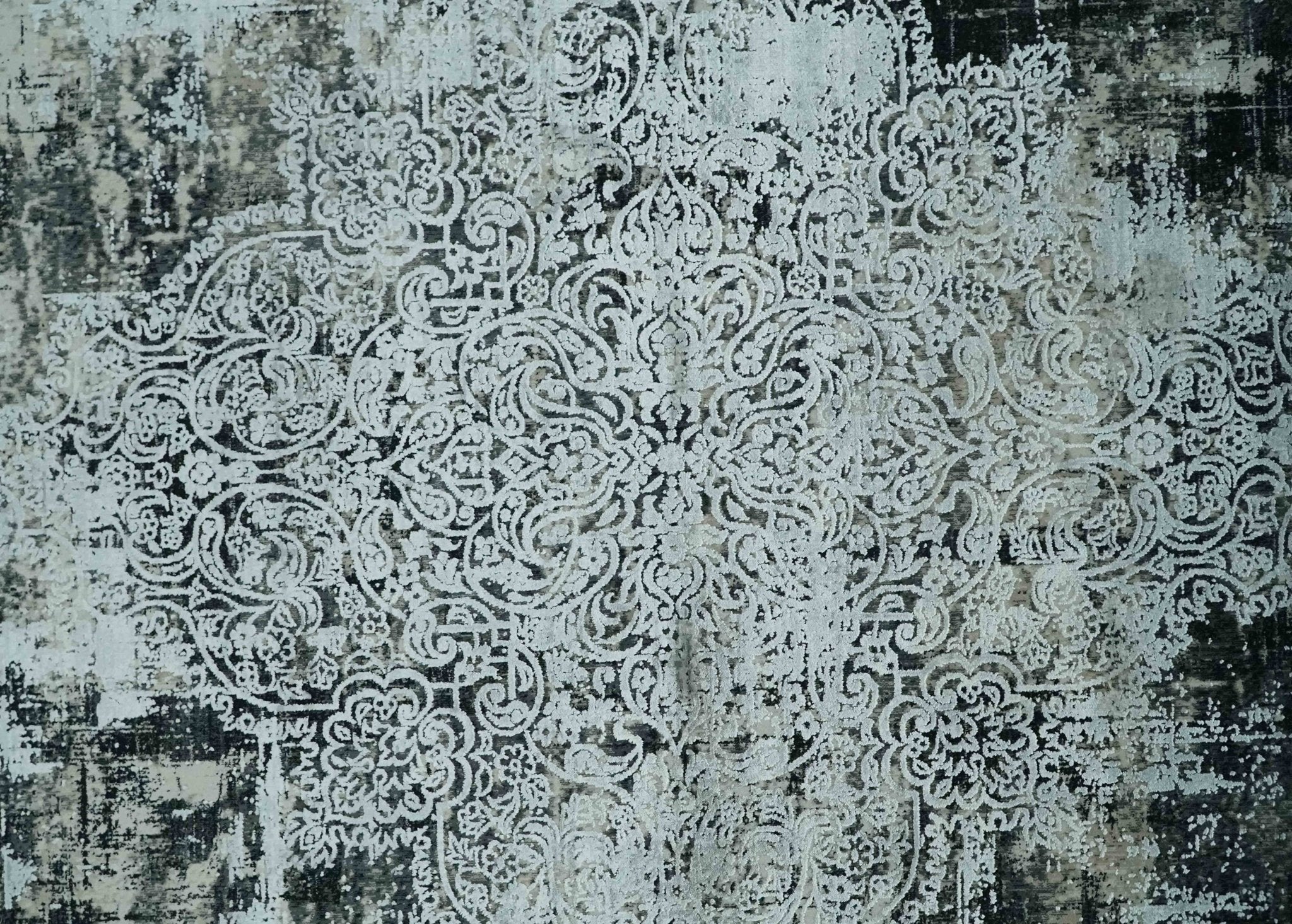 Black, Beige and Silver Antique Finish, Vintage look, Art Silk Area Rug, Living Room Rug - Image 8