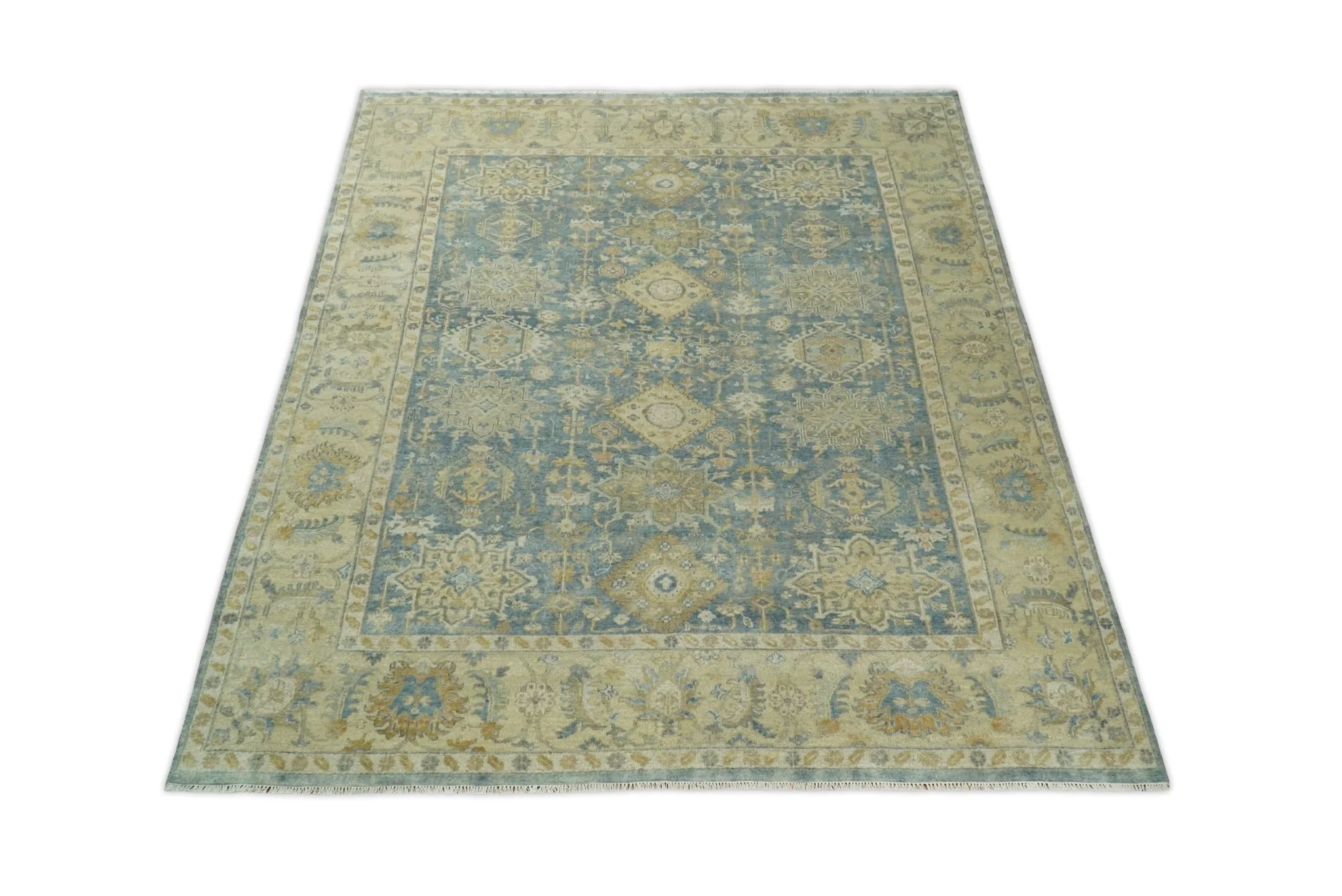 8x10 Fine Hand Knotted Teal and Beige Traditional Vintage Persian Style Mahal Antique Wool Rug | TRDCP496810 - Image 11