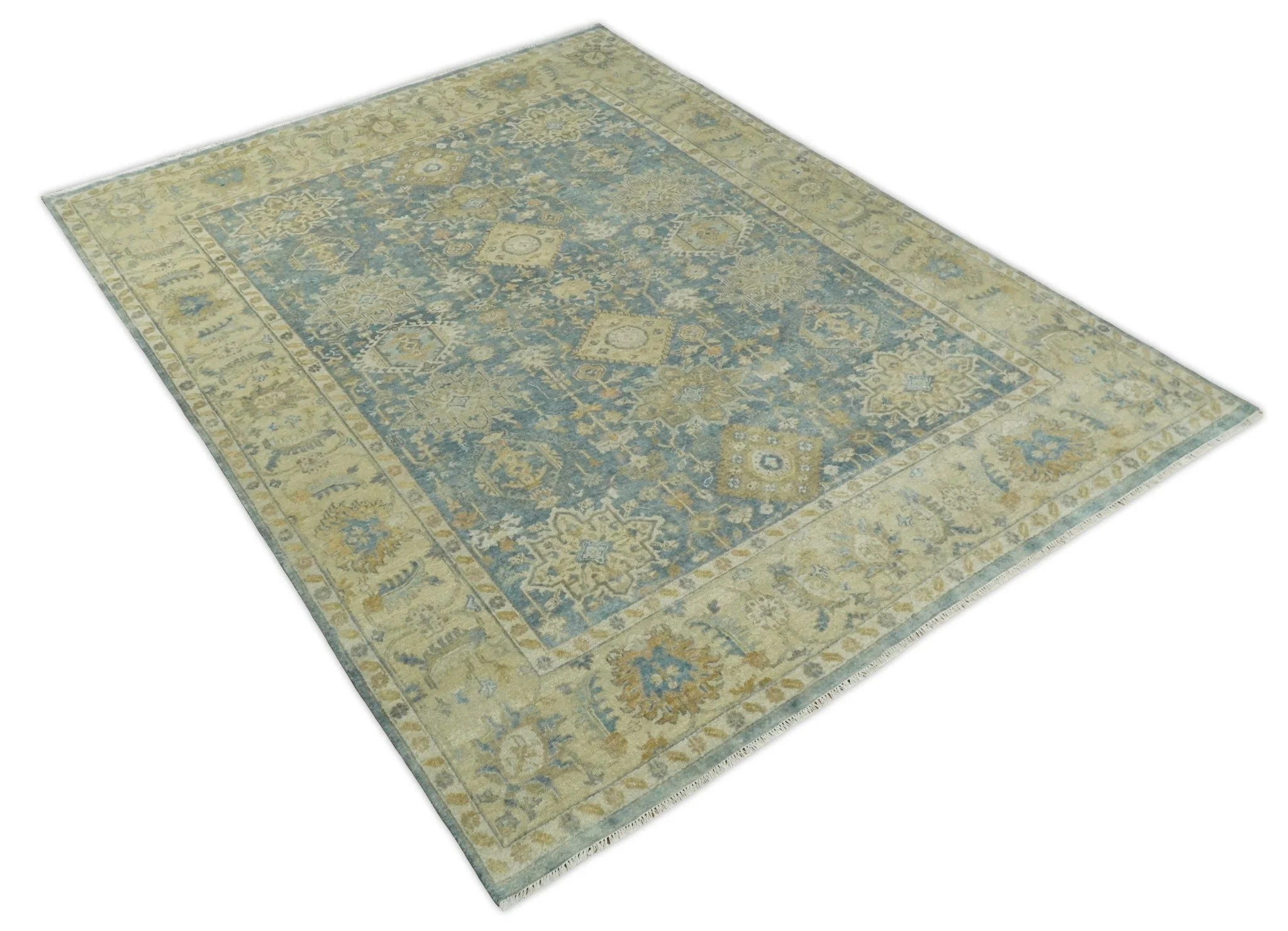 8x10 Fine Hand Knotted Teal and Beige Traditional Vintage Persian Style Mahal Antique Wool Rug | TRDCP496810 - Image 8