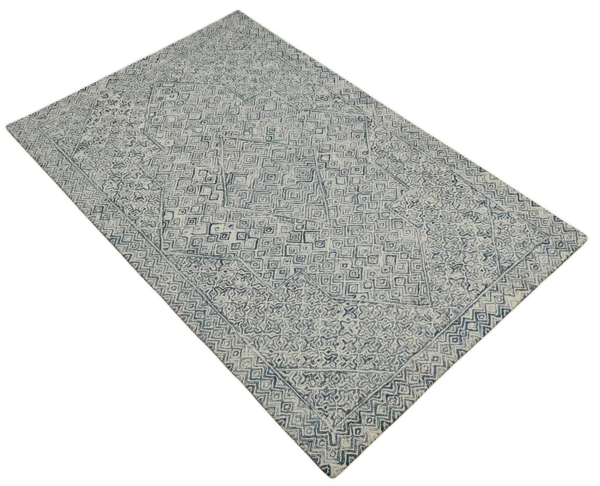 Mid Century Modern Hand Tufted 2x3, 3x5, 5x8, 6x9, 8x10 and 9x12 Woolen Beige and Blue Area Rug | MIR1 - Image 6
