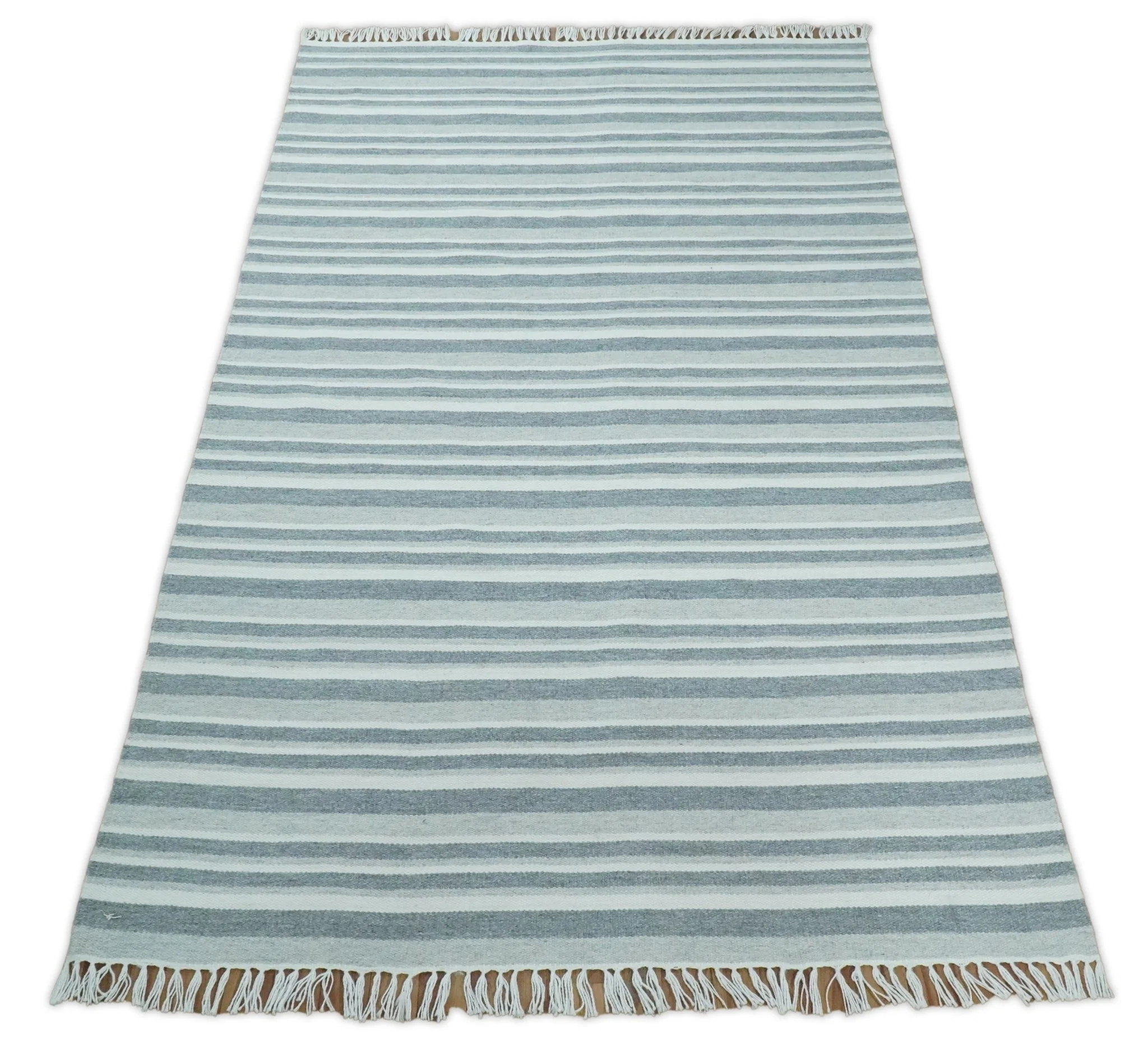 HANDMADE BOHO 5X8 AND 8X10 WHITE AND Gray WOOL BLEND DHURRIE RUG | VIK2 - Image 3