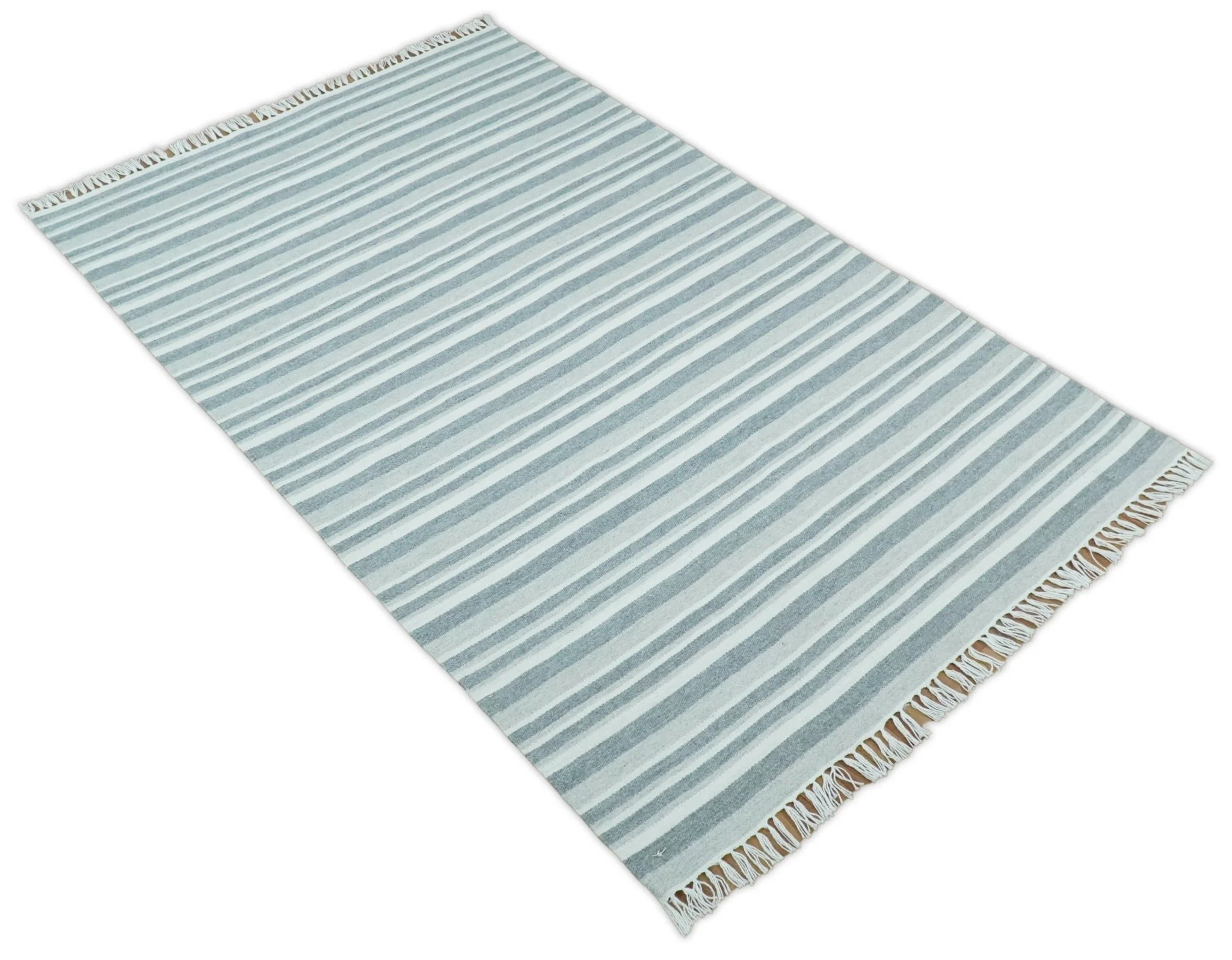 HANDMADE BOHO 5X8 AND 8X10 WHITE AND Gray WOOL BLEND DHURRIE RUG | VIK2 - Image 7