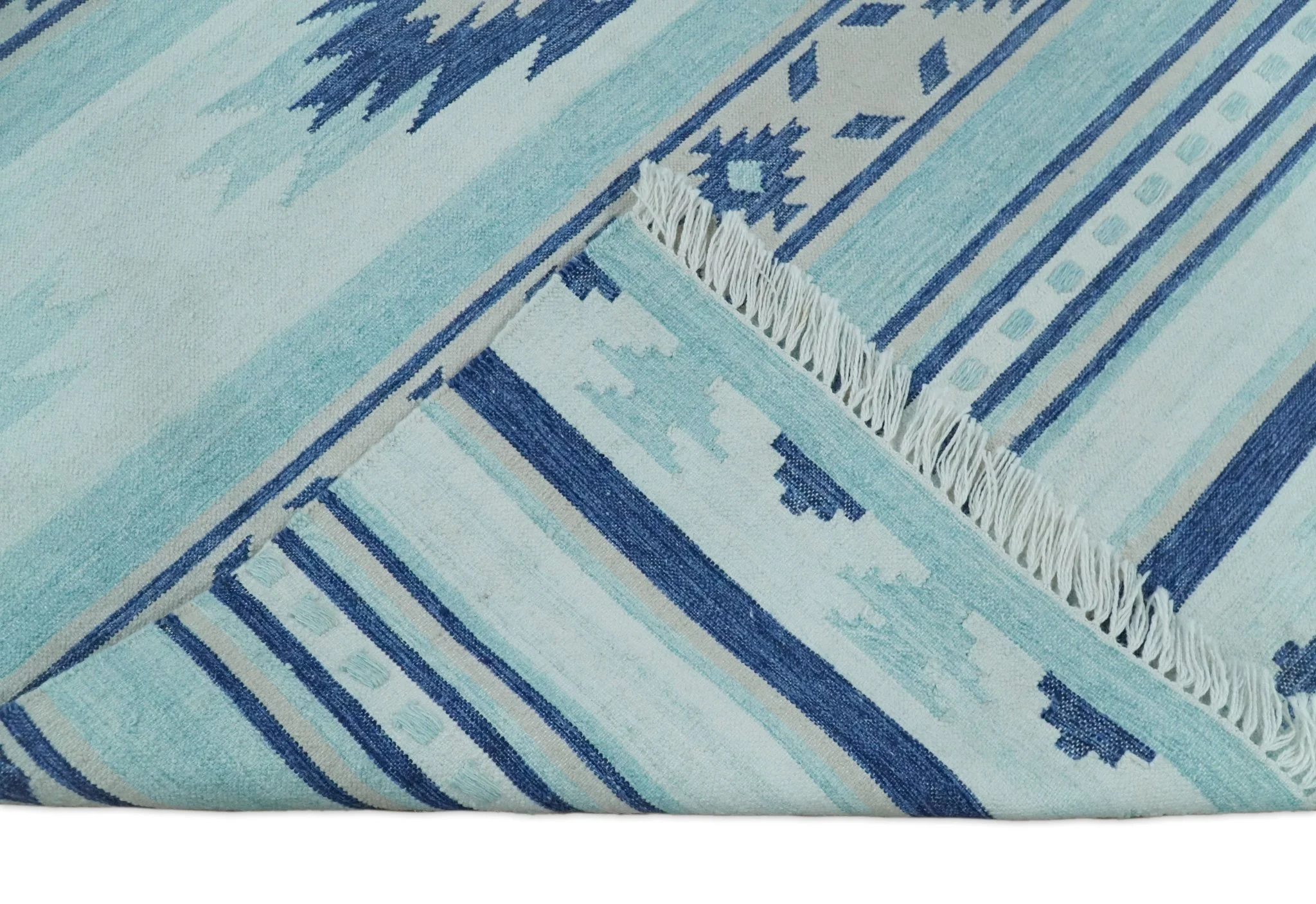Handmade Boho 2x3, 5x8 and 8x10 White and Blue Wool Blend Dhurrie Rug | VIK1 - Image 10