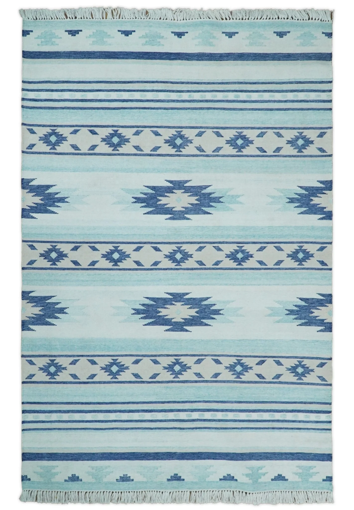 Handmade Boho 2x3, 5x8 and 8x10 White and Blue Wool Blend Dhurrie Rug | VIK1 - Image 3