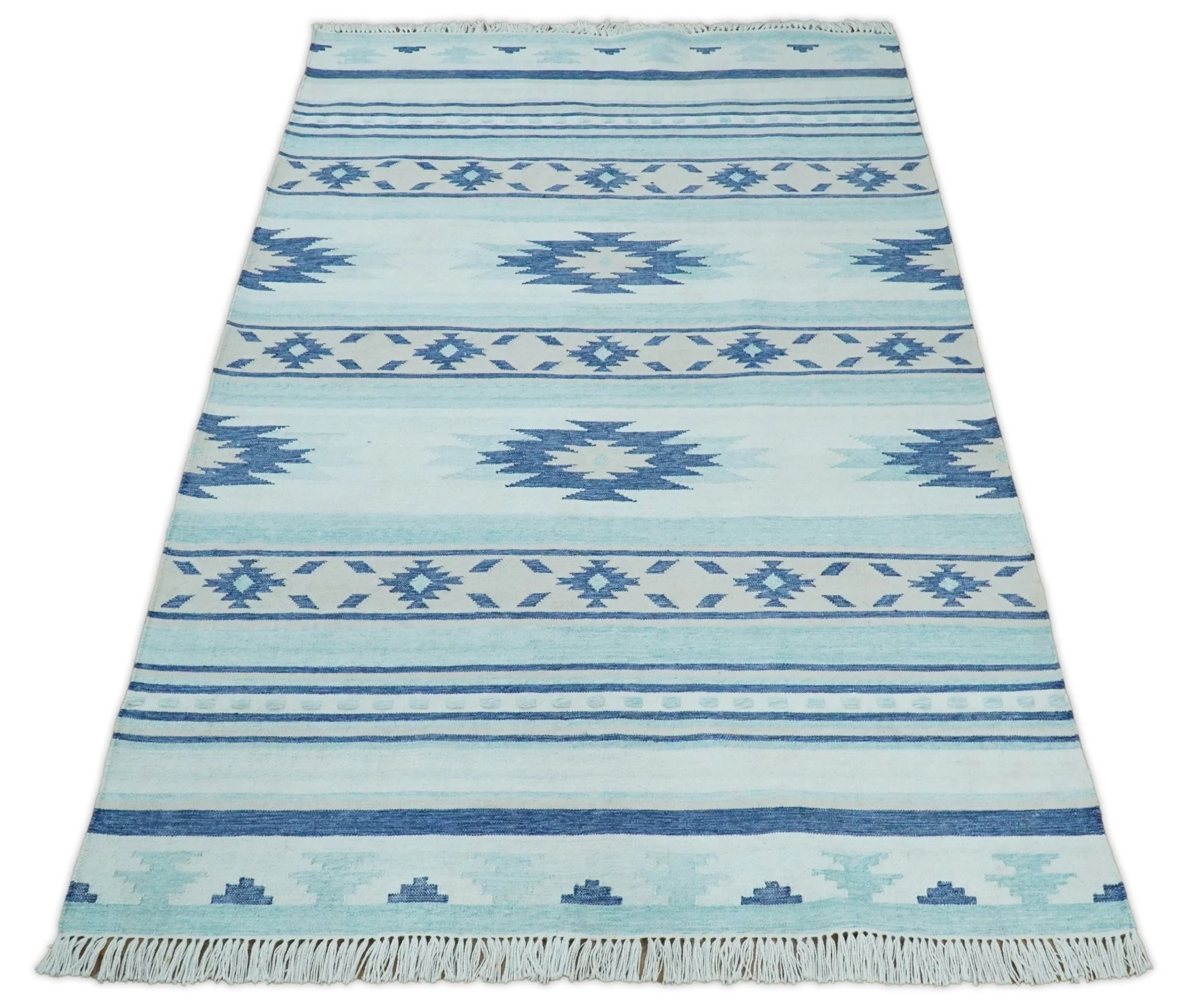 Handmade Boho 2x3, 5x8 and 8x10 White and Blue Wool Blend Dhurrie Rug | VIK1 - Image 4