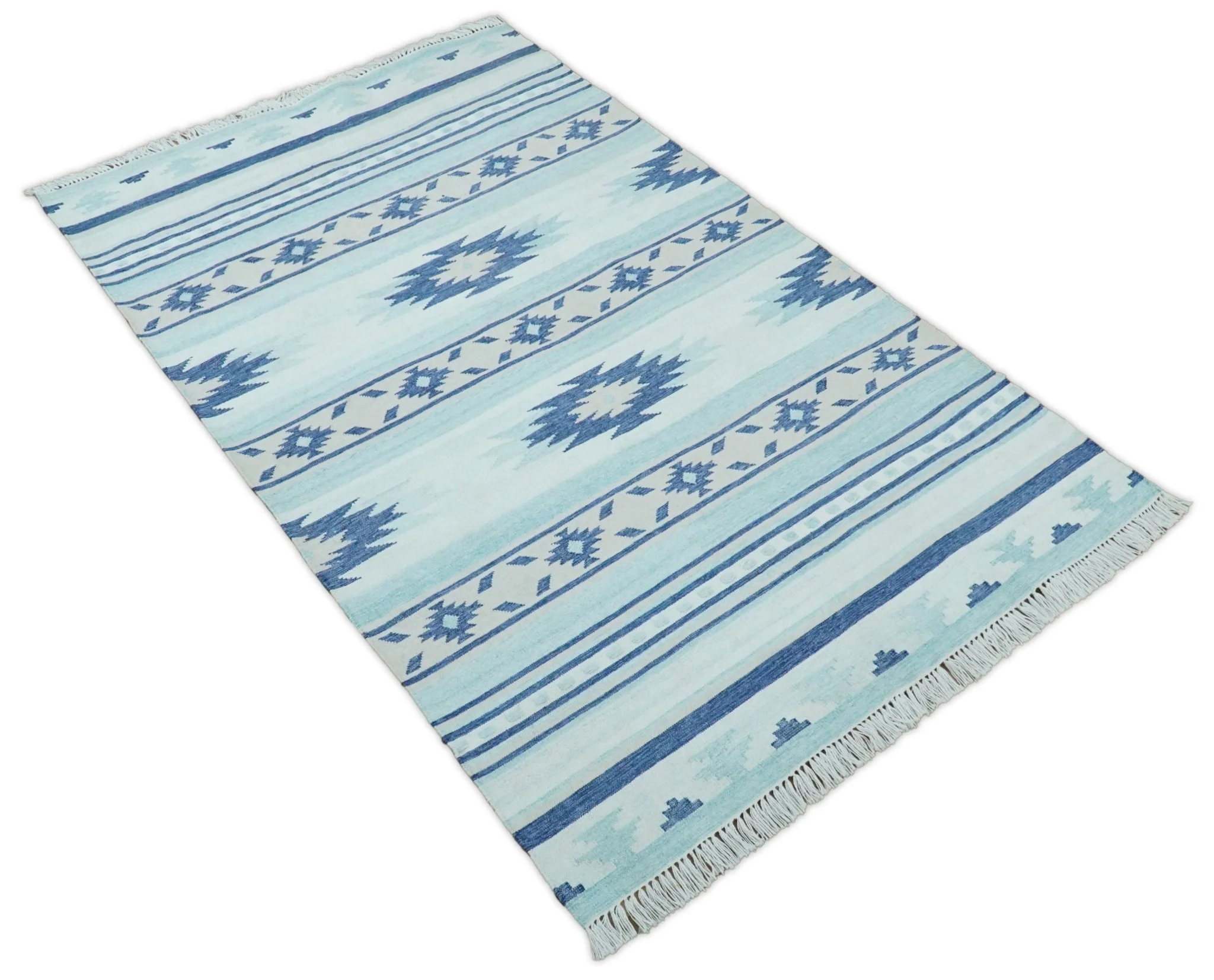 Handmade Boho 2x3, 5x8 and 8x10 White and Blue Wool Blend Dhurrie Rug | VIK1 - Image 8
