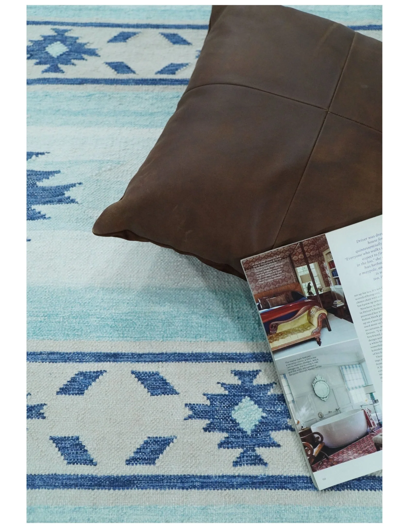 Handmade Boho 2x3, 5x8 and 8x10 White and Blue Wool Blend Dhurrie Rug | VIK1 - Image 9
