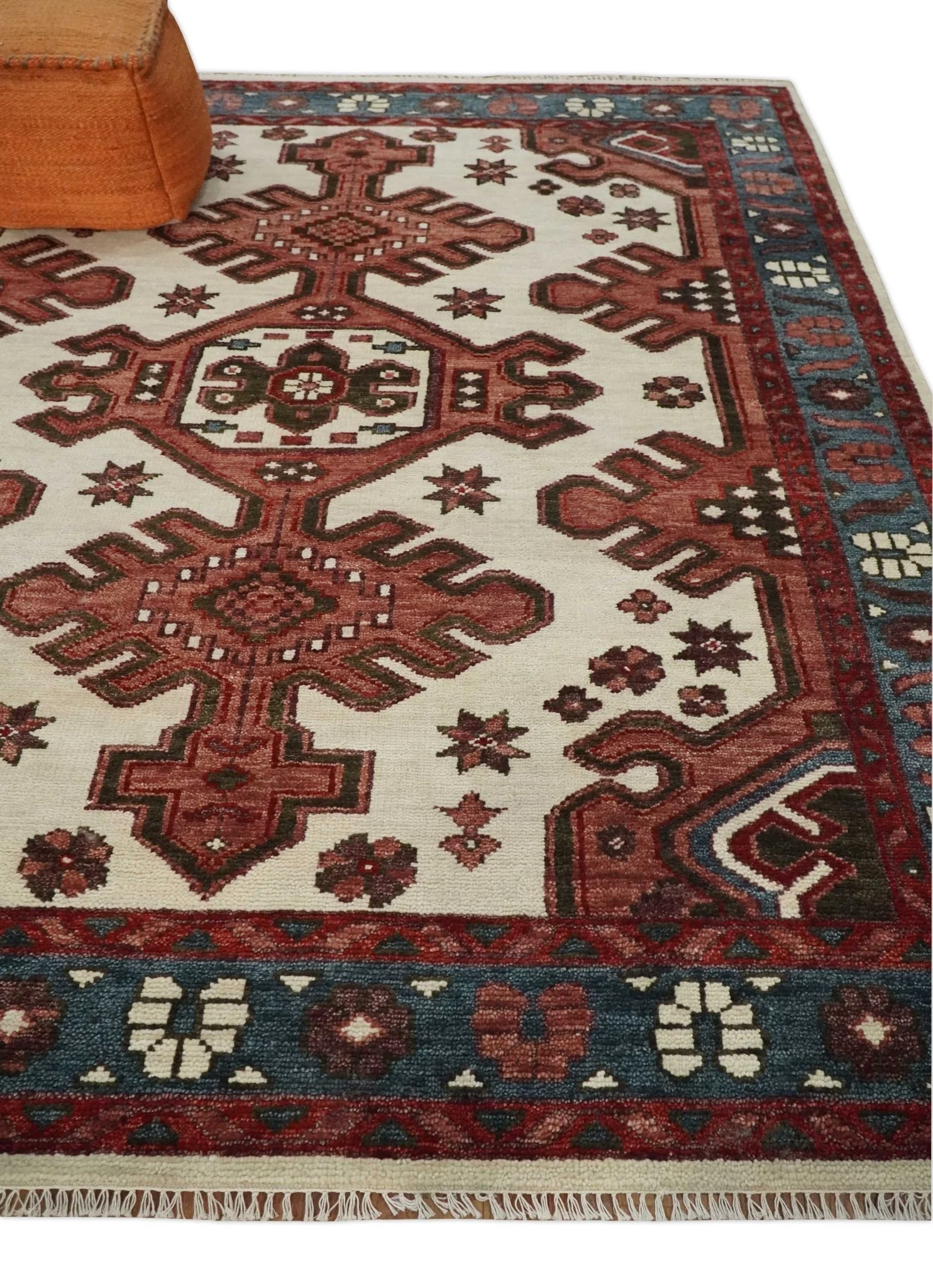 Coral Rust and Ivory Hand Knotted Traditional Heriz Serapi Multi Size Wool area Rug - Image 3
