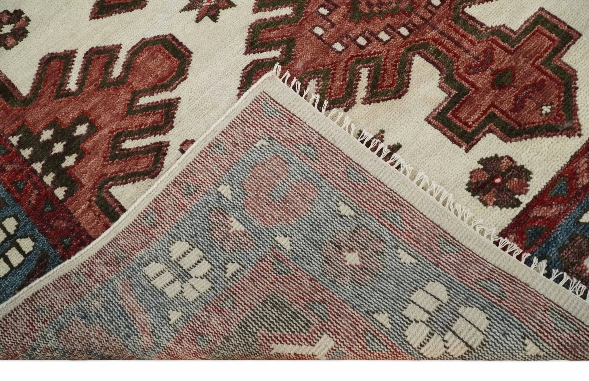 Coral Rust and Ivory Hand Knotted Traditional Heriz Serapi Multi Size Wool area Rug - Image 8