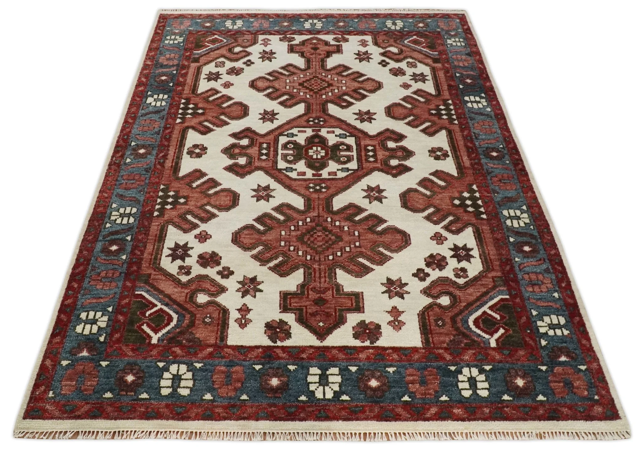 Coral Rust and Ivory Hand Knotted Traditional Heriz Serapi Multi Size Wool area Rug - Image 9