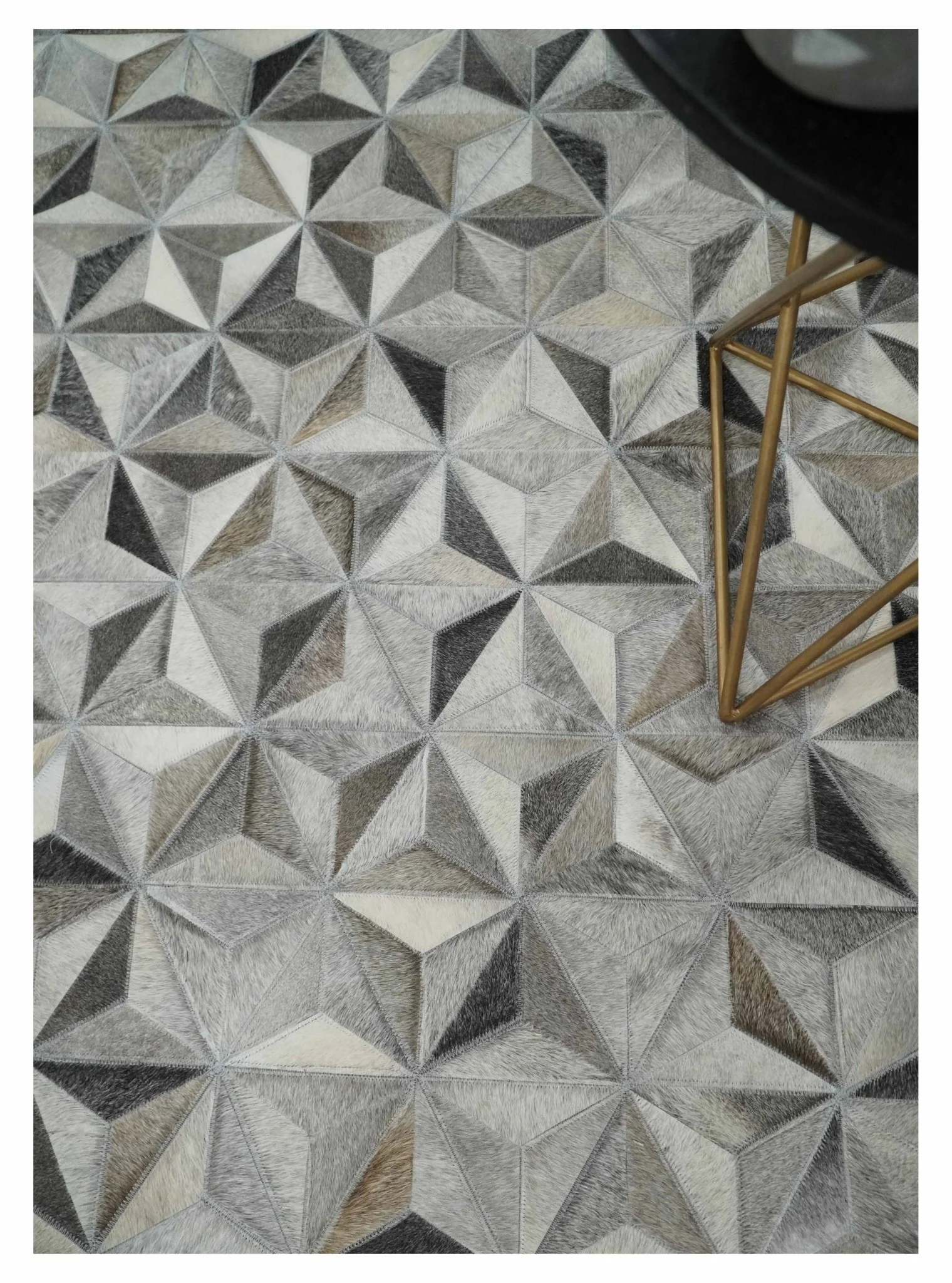 Custom Made Cowhide Leather Patchwork Silver and Gray Leather Modern Geometric Rug - Image 2