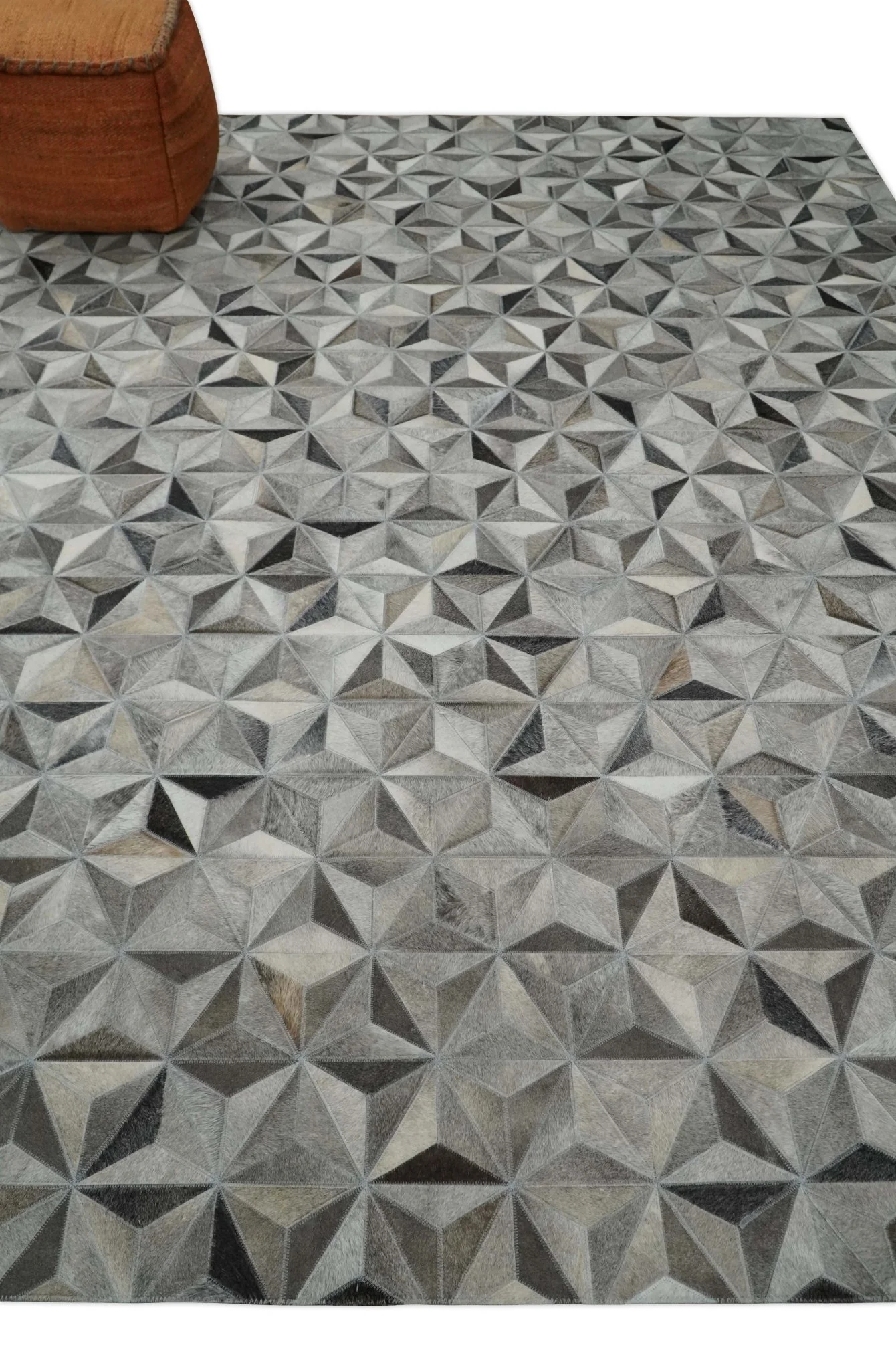 Custom Made Cowhide Leather Patchwork Silver and Gray Leather Modern Geometric Rug - Image 3