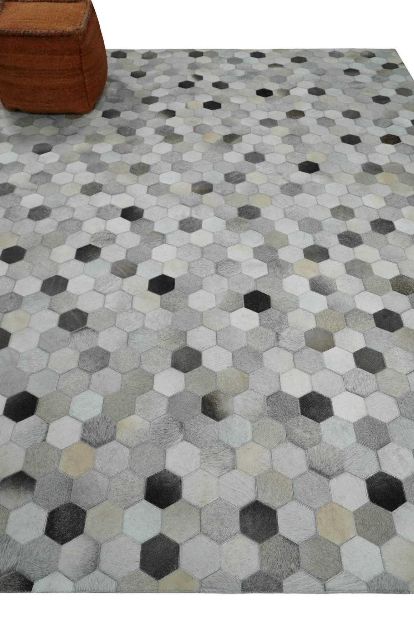 Cowhide Leather Patchwork Silver and Ivory Leather Modern Geometric Custom Made Rug - Image 7
