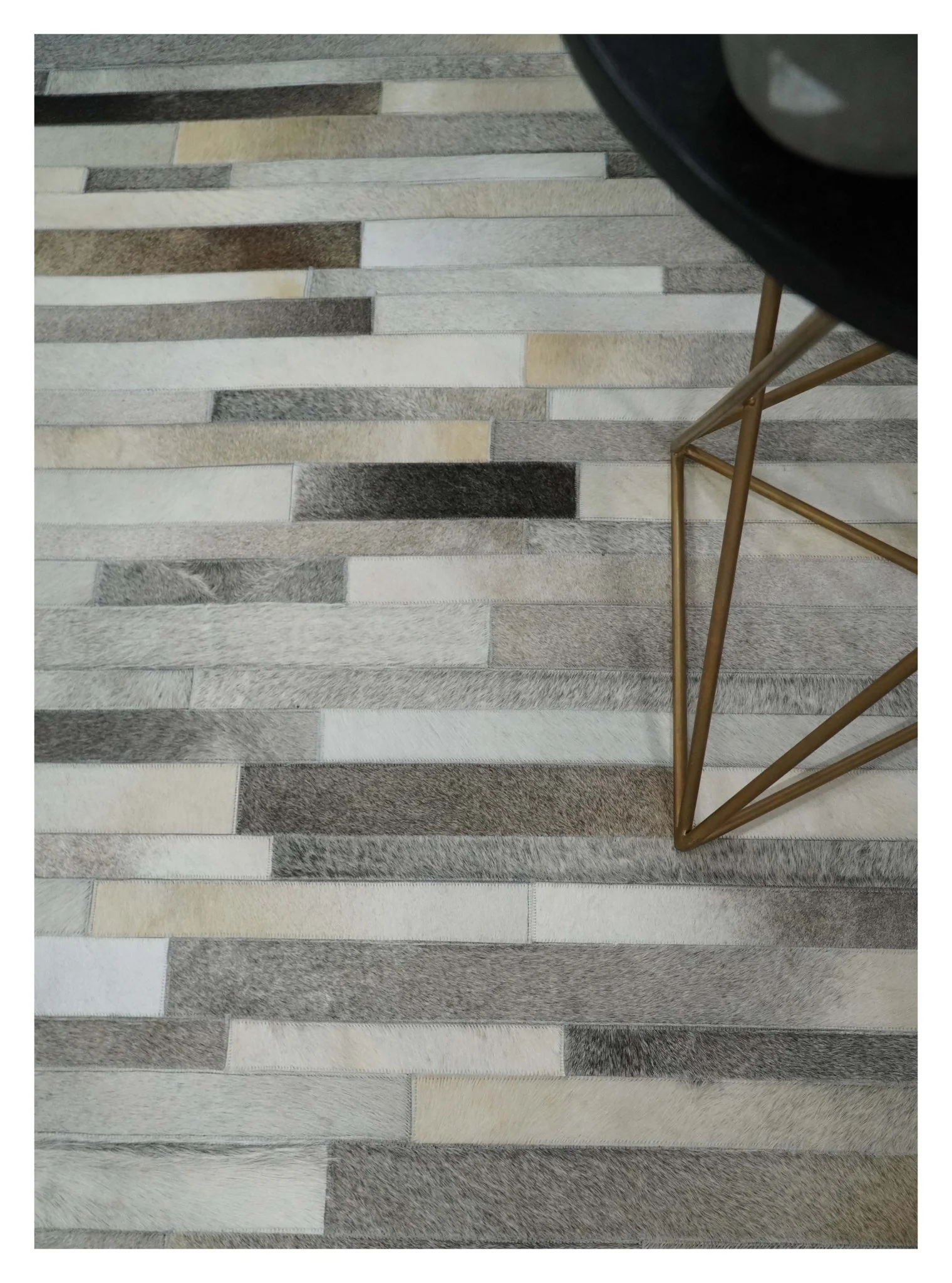 Modern Geometrical Cowhide Leather Striped Silver and Ivory Leather Custom Made Area Rug - Image 2