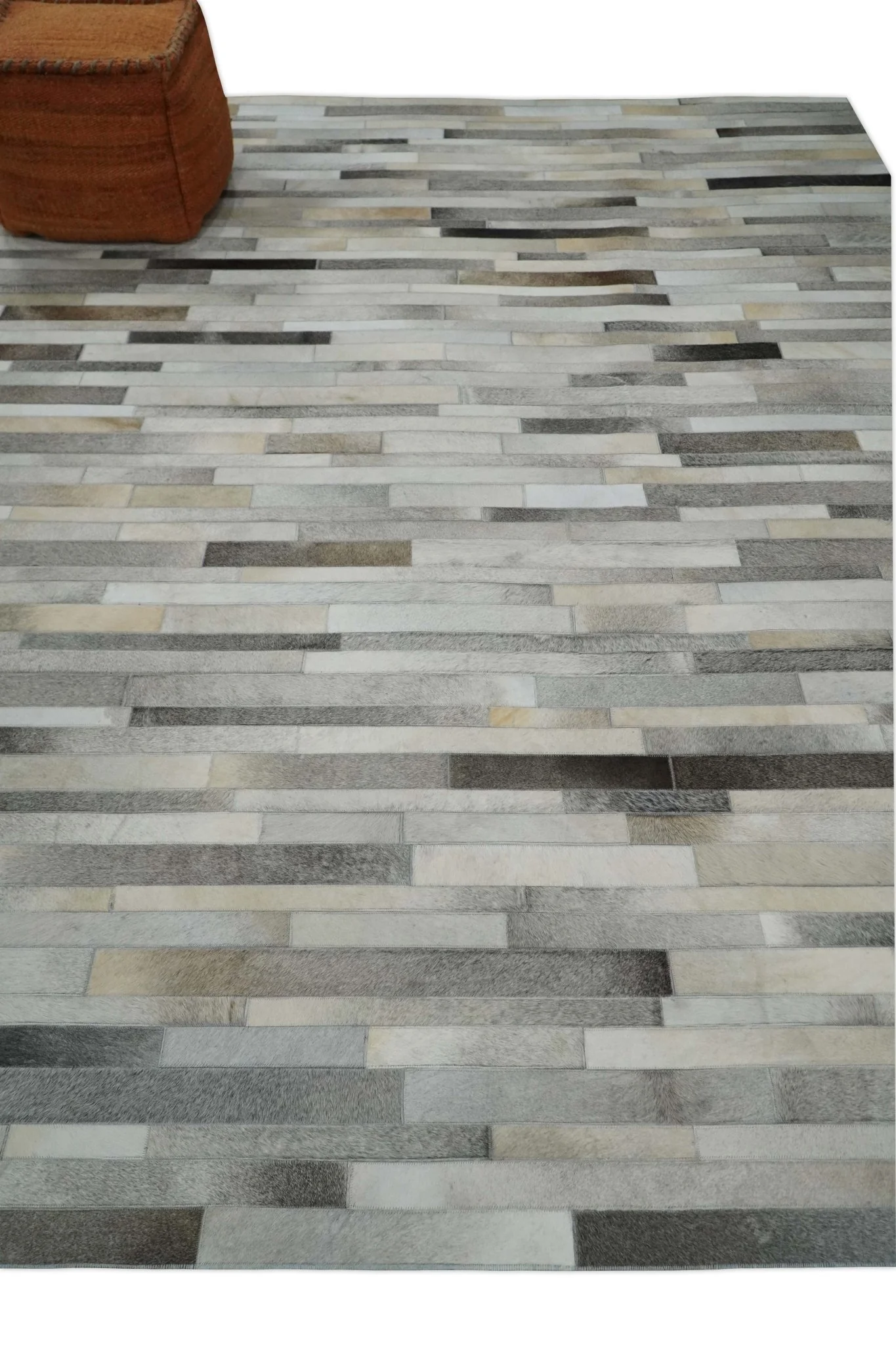 Modern Geometrical Cowhide Leather Striped Silver and Ivory Leather Custom Made Area Rug - Image 3