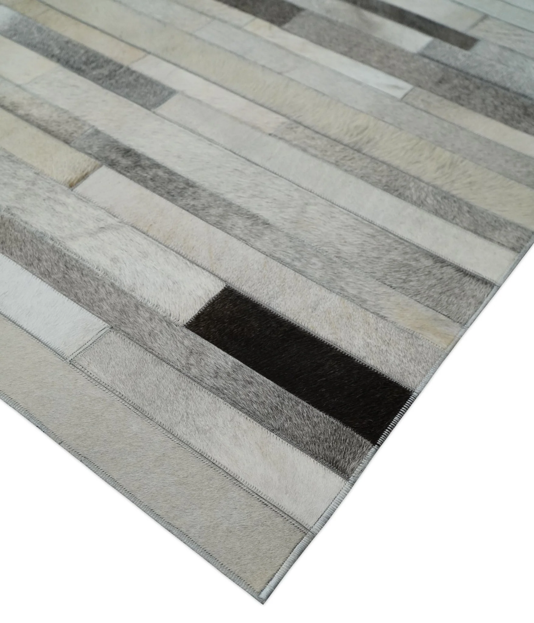 Modern Geometrical Cowhide Leather Striped Silver and Ivory Leather Custom Made Area Rug - Image 5