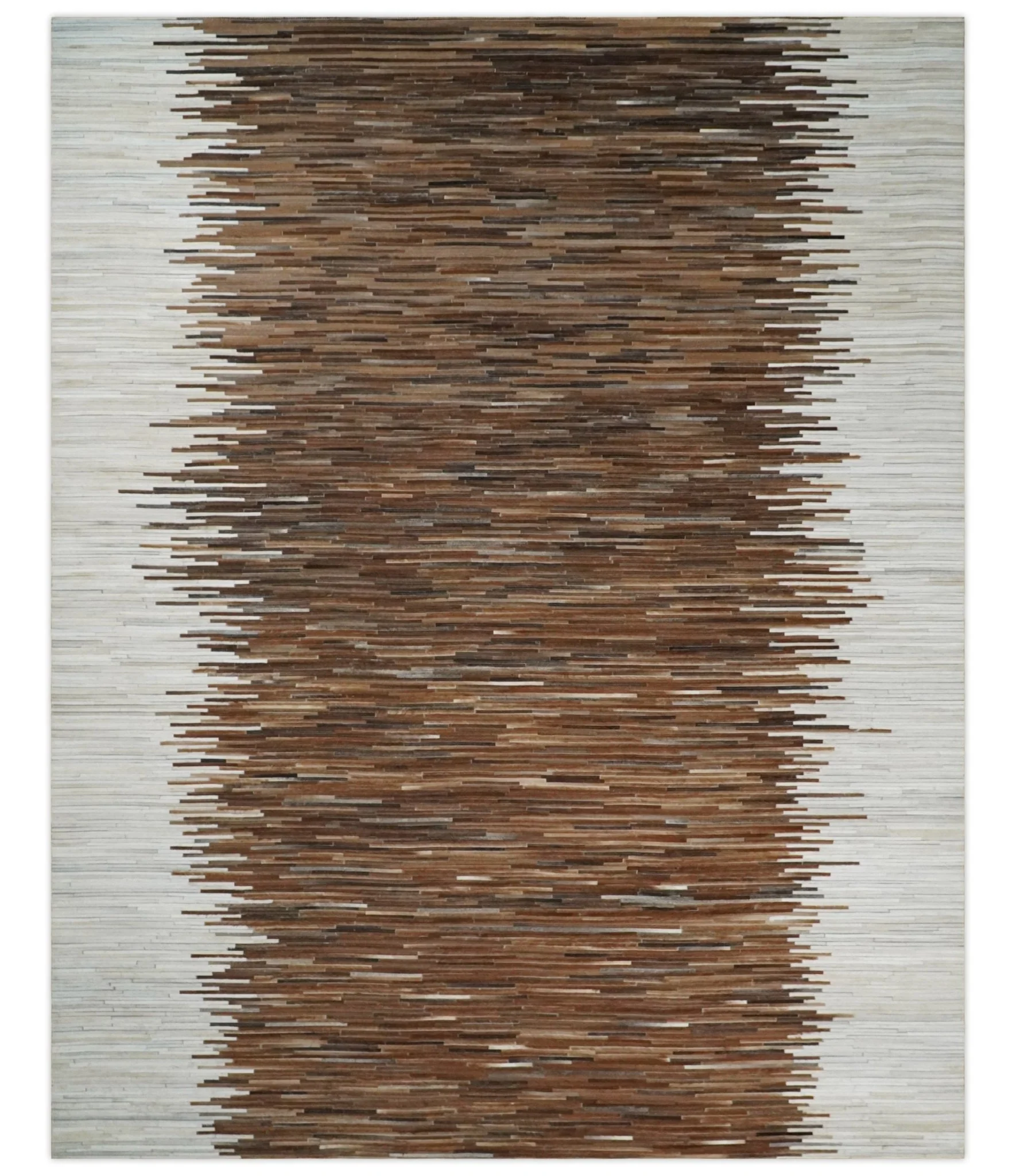 Modern Stripes Cowhide Leather Striped Tan Brown and Ivory Leather Multi Size Area Rug - Image 2