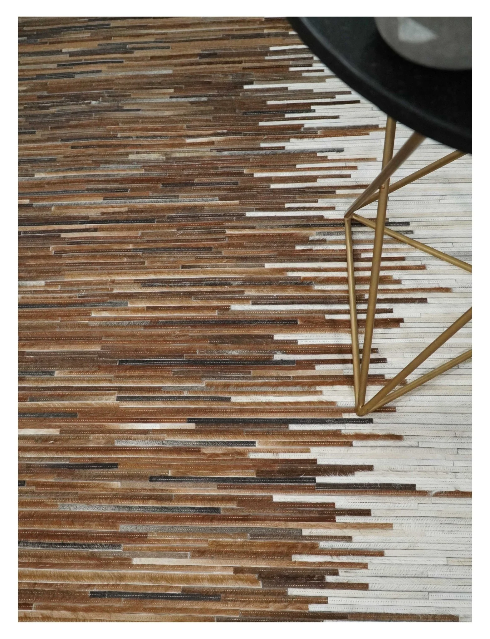 Modern Stripes Cowhide Leather Striped Tan Brown and Ivory Leather Multi Size Area Rug - Image 3