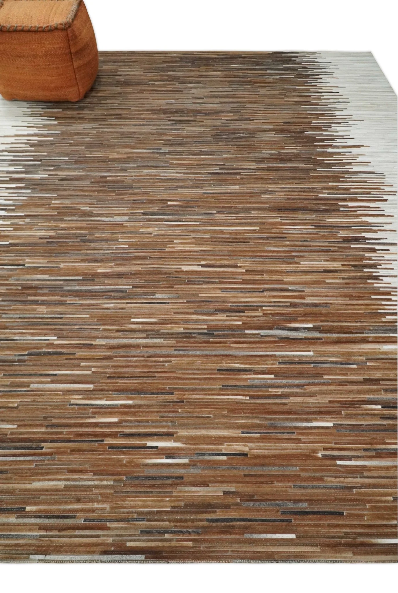 Modern Stripes Cowhide Leather Striped Tan Brown and Ivory Leather Multi Size Area Rug - Image 4