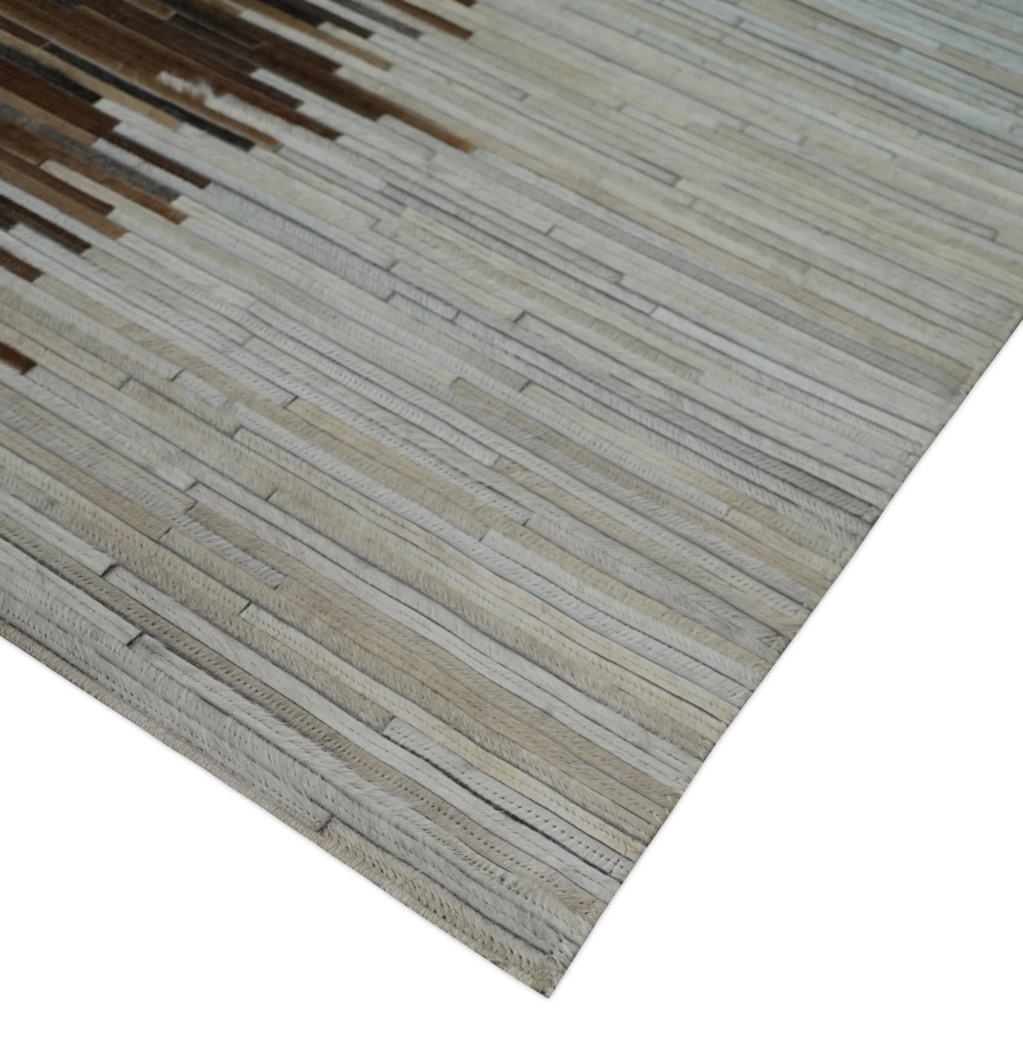 Modern Stripes Cowhide Leather Striped Tan Brown and Ivory Leather Multi Size Area Rug - Image 6