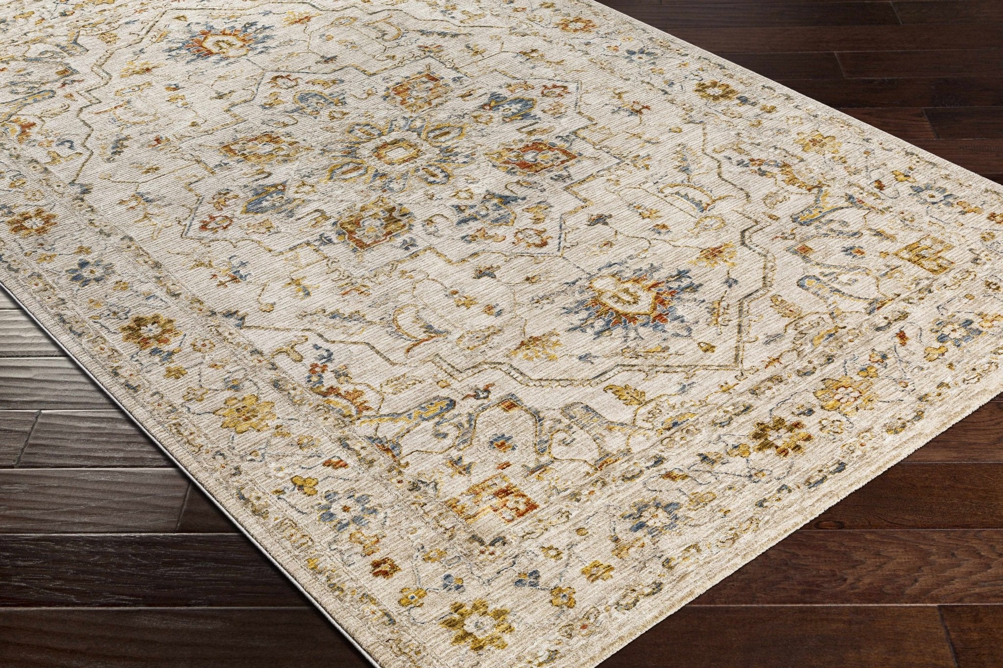Cream And Gold Traditional Oushak Design Machine Woven Area Rug - Image 5