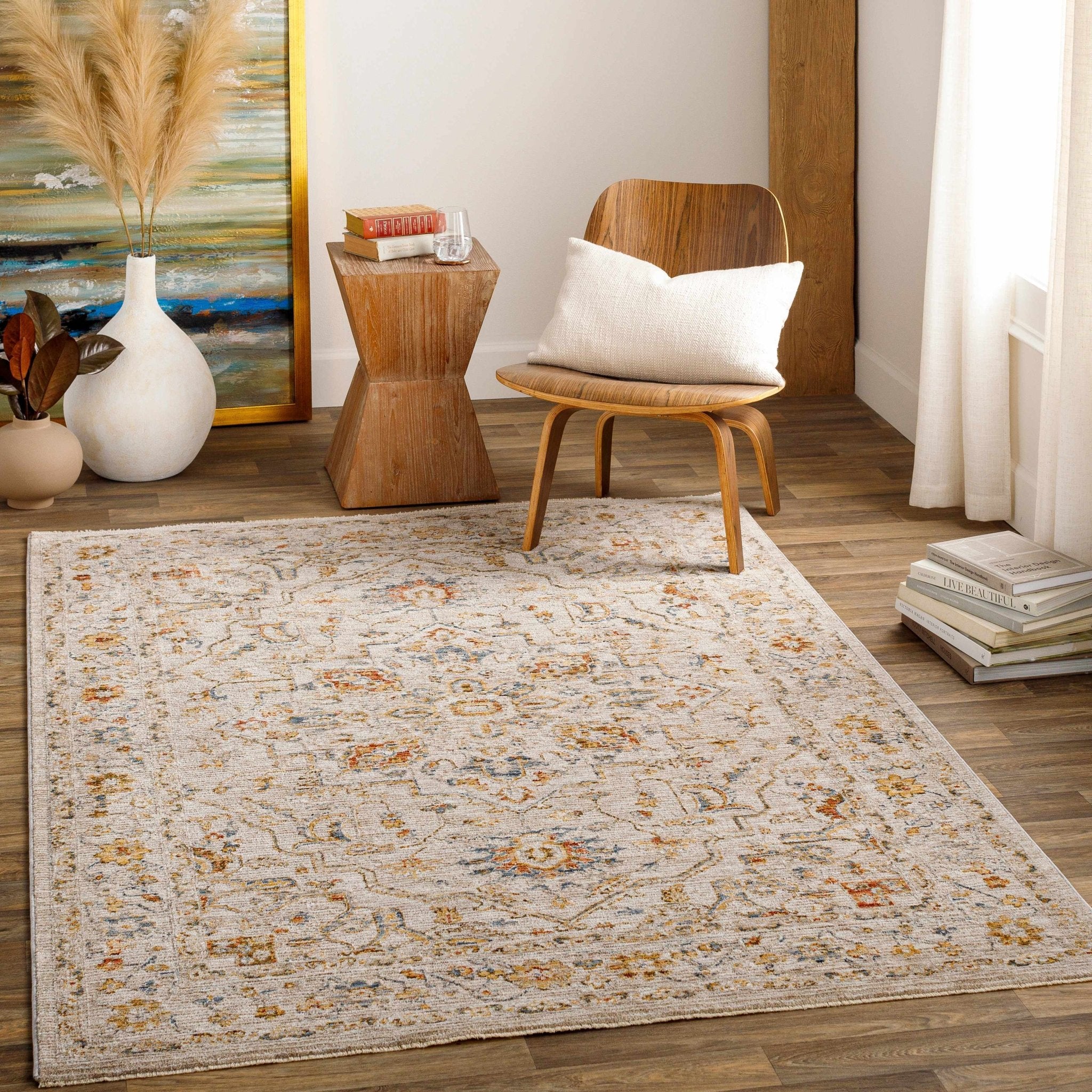 Cream And Gold Traditional Oushak Design Machine Woven Area Rug - Image 9