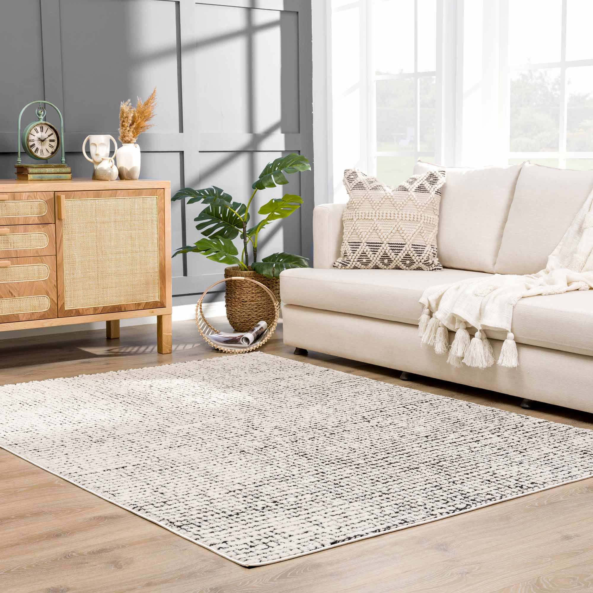 Cream & Black Grid Plush Rug - Image 17