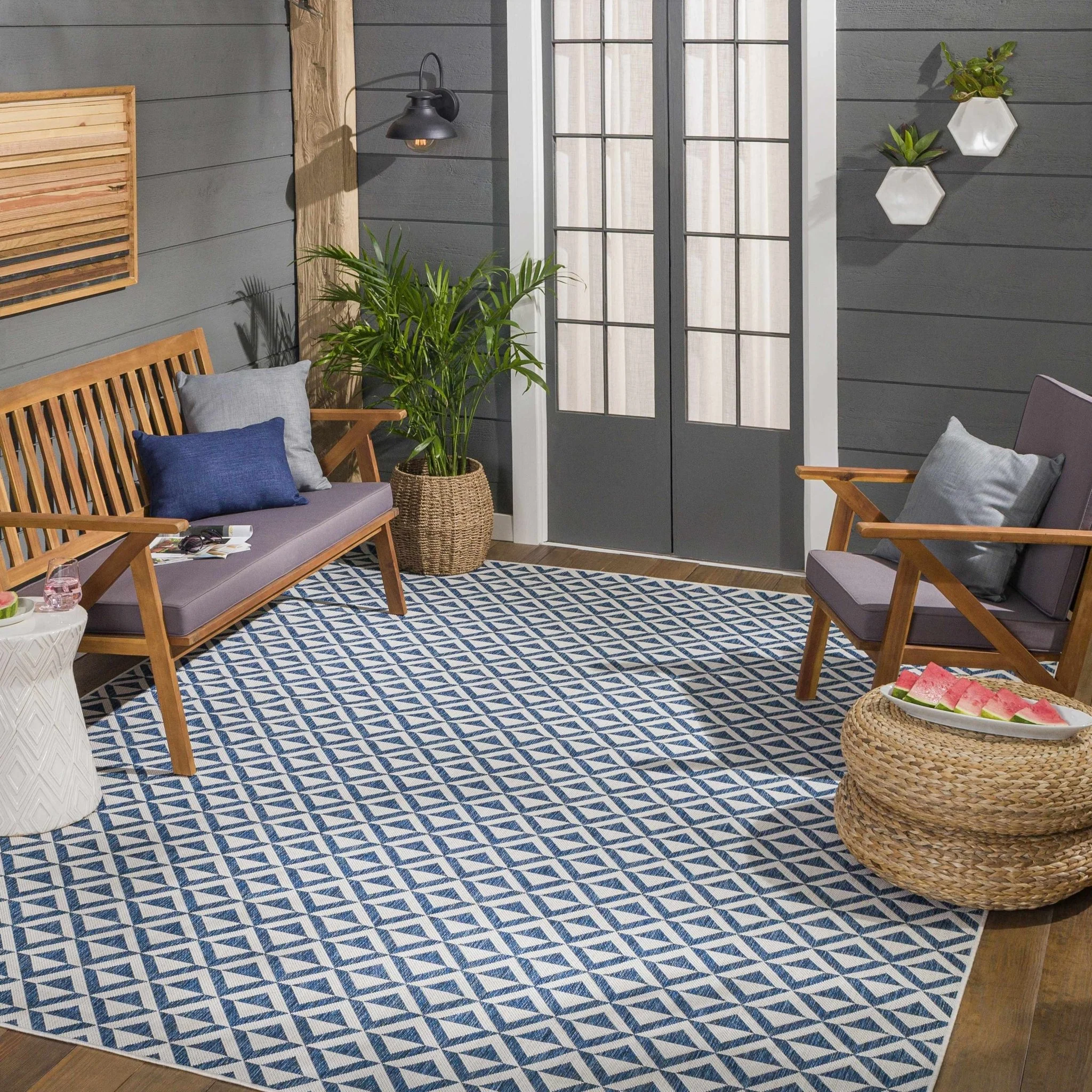 Cumby Denim Geometric Chevron Blue And White Machine Woven Outdoor Area Carpet - Image 10