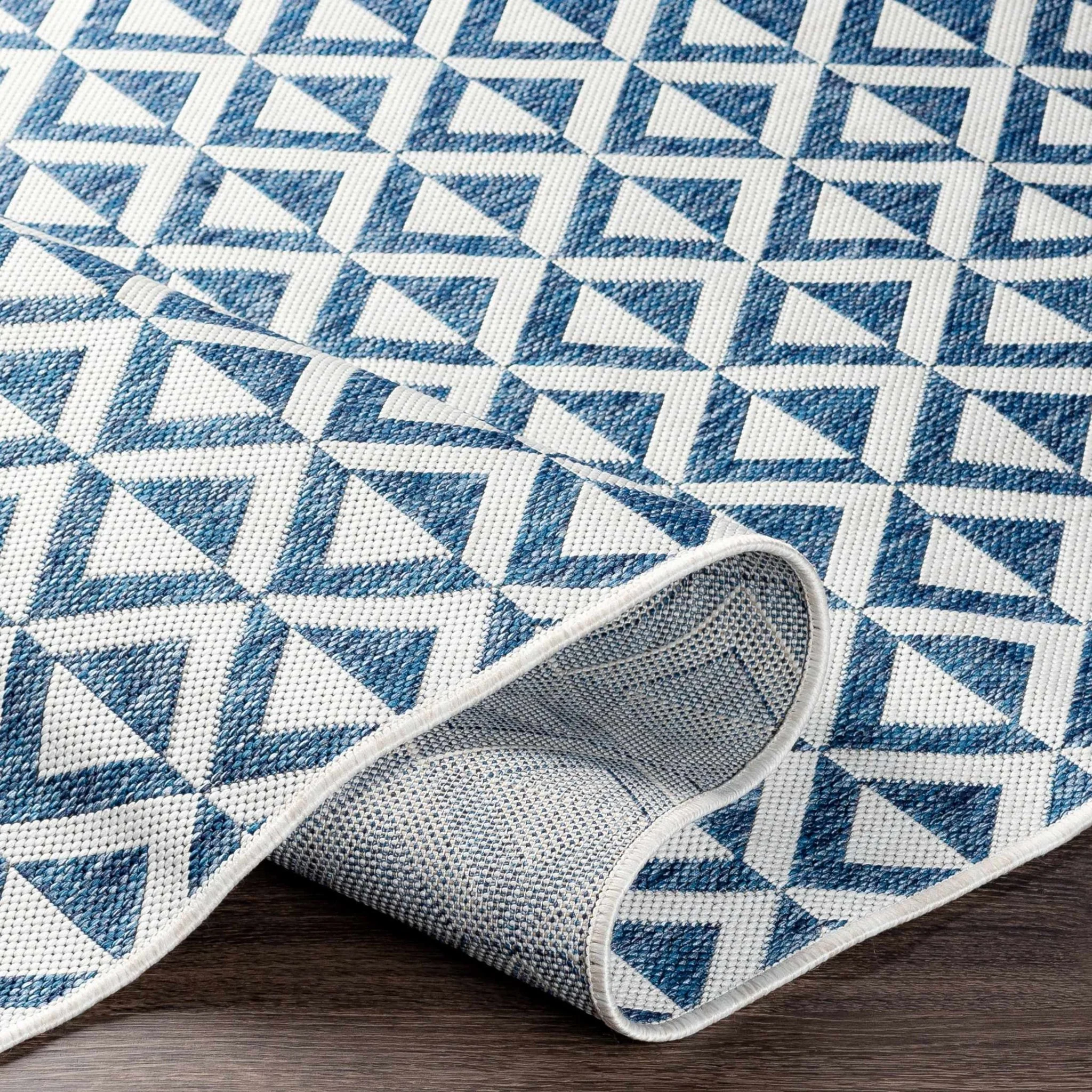 Cumby Denim Geometric Chevron Blue And White Machine Woven Outdoor Area Carpet - Image 2