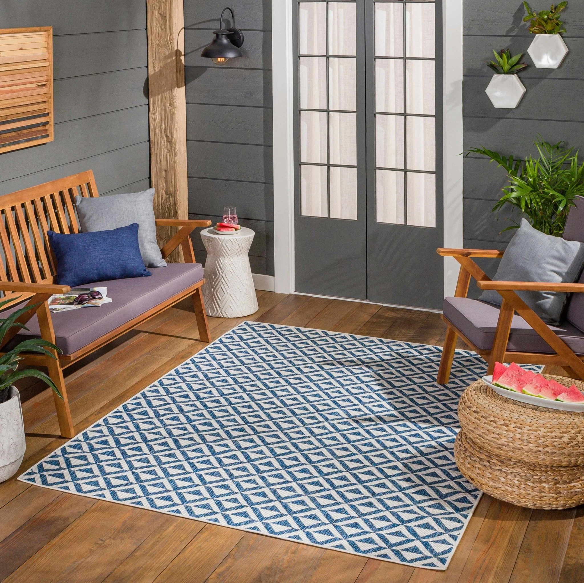 Cumby Denim Geometric Chevron Blue And White Machine Woven Outdoor Area Carpet - Image 5