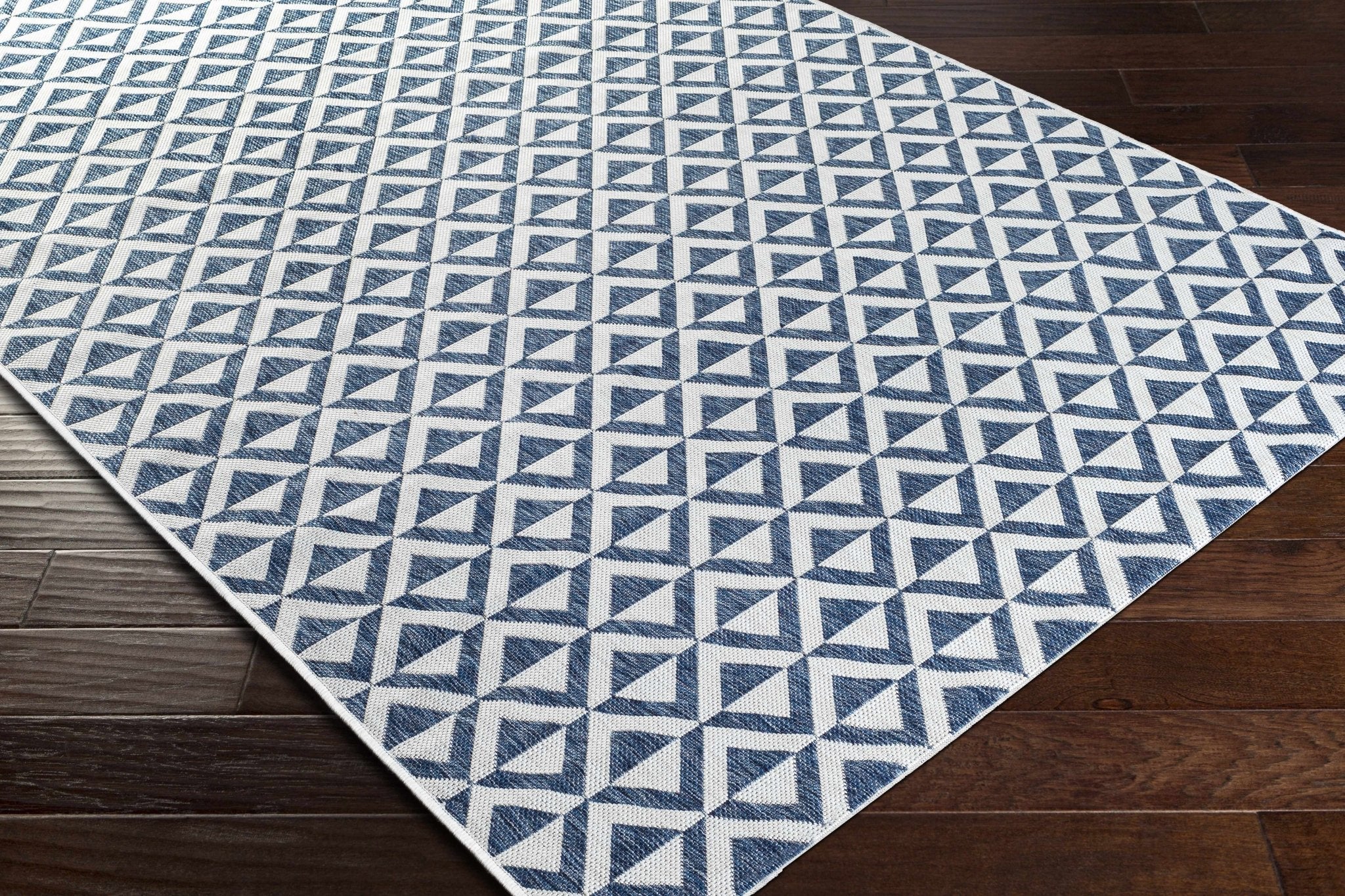 Cumby Denim Geometric Chevron Blue And White Machine Woven Outdoor Area Carpet - Image 6