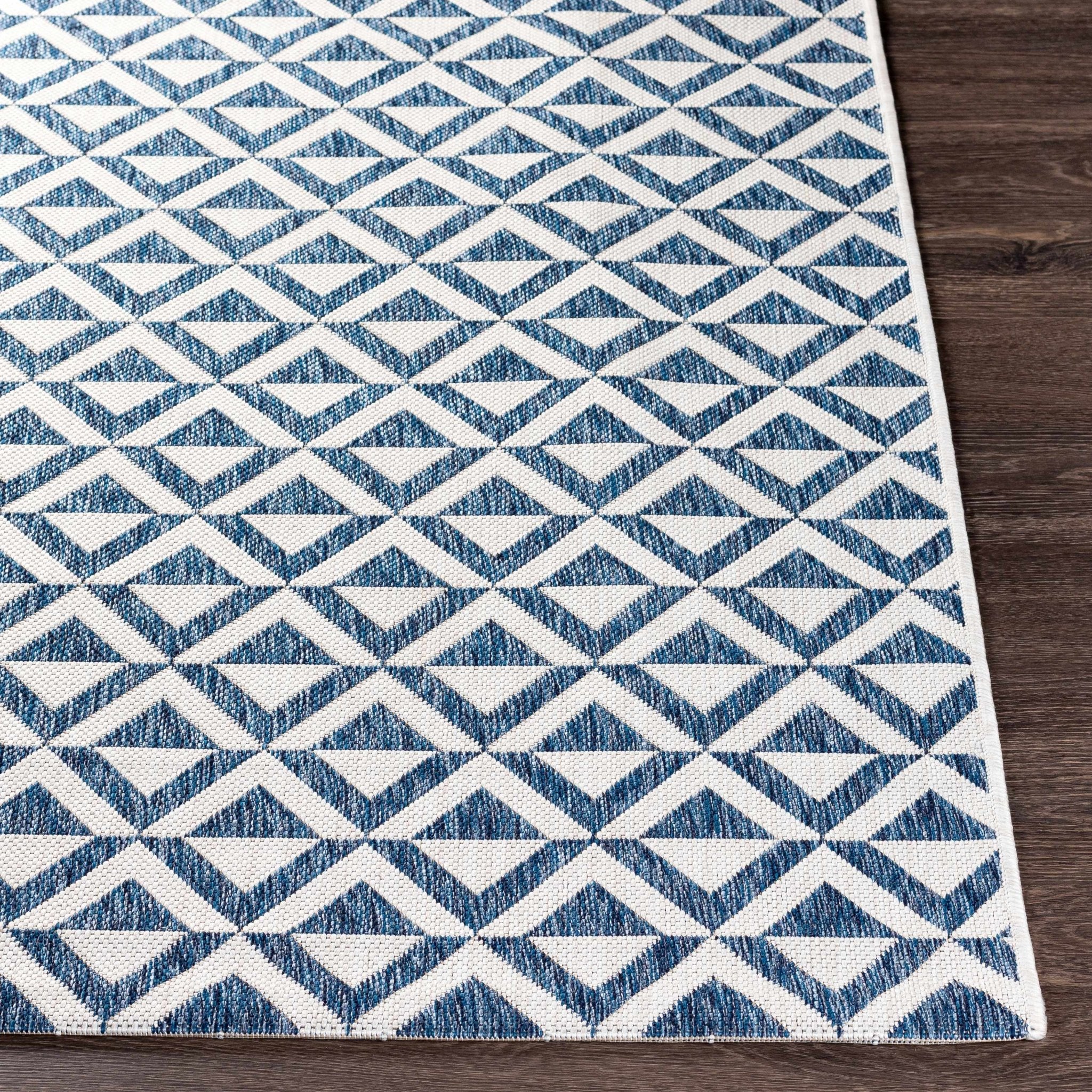 Cumby Denim Geometric Chevron Blue And White Machine Woven Outdoor Area Carpet - Image 7