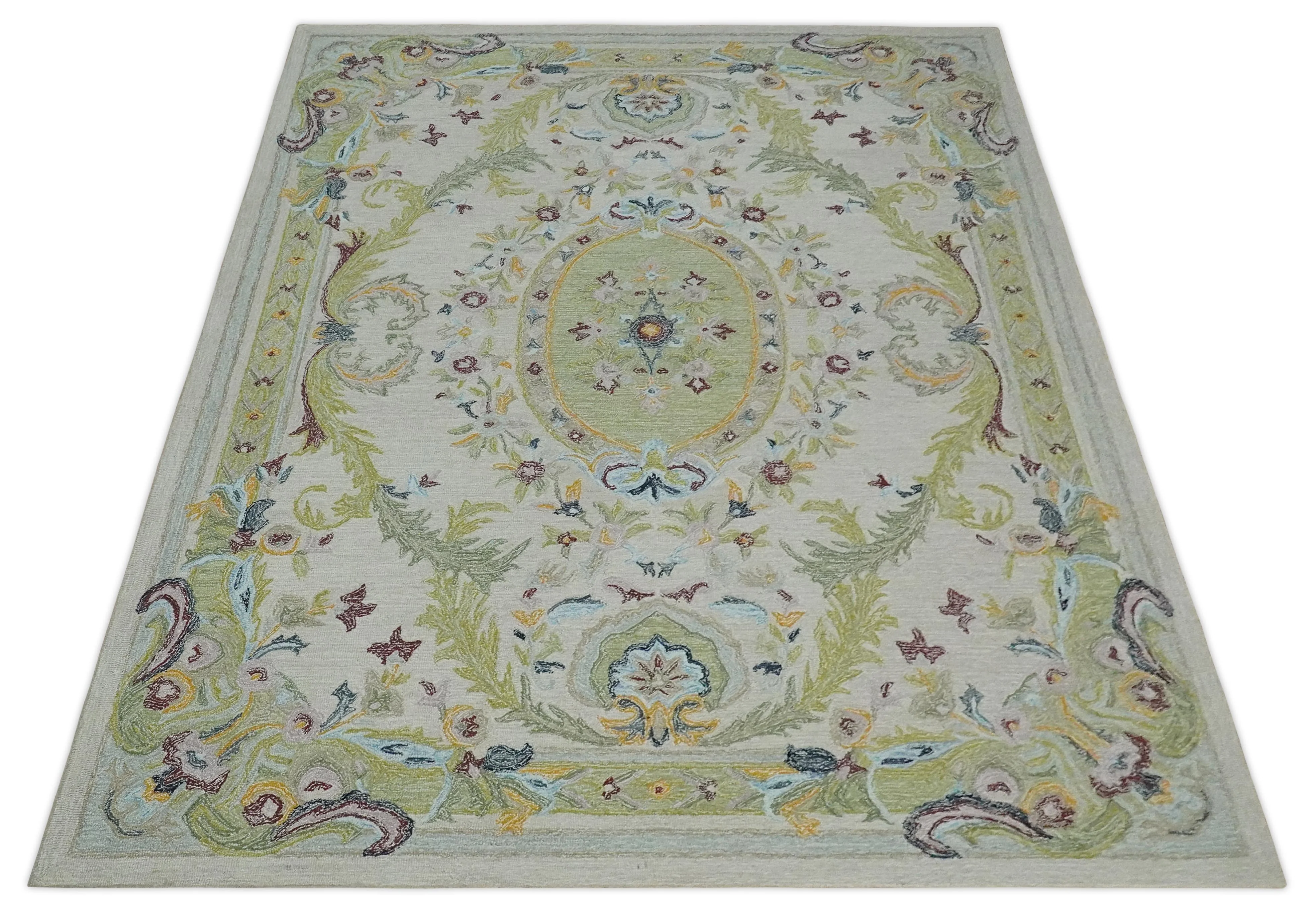 Ivory and Green Custom Made French Design Aubusson Hand Tufted Wool Area Rug - Image 10