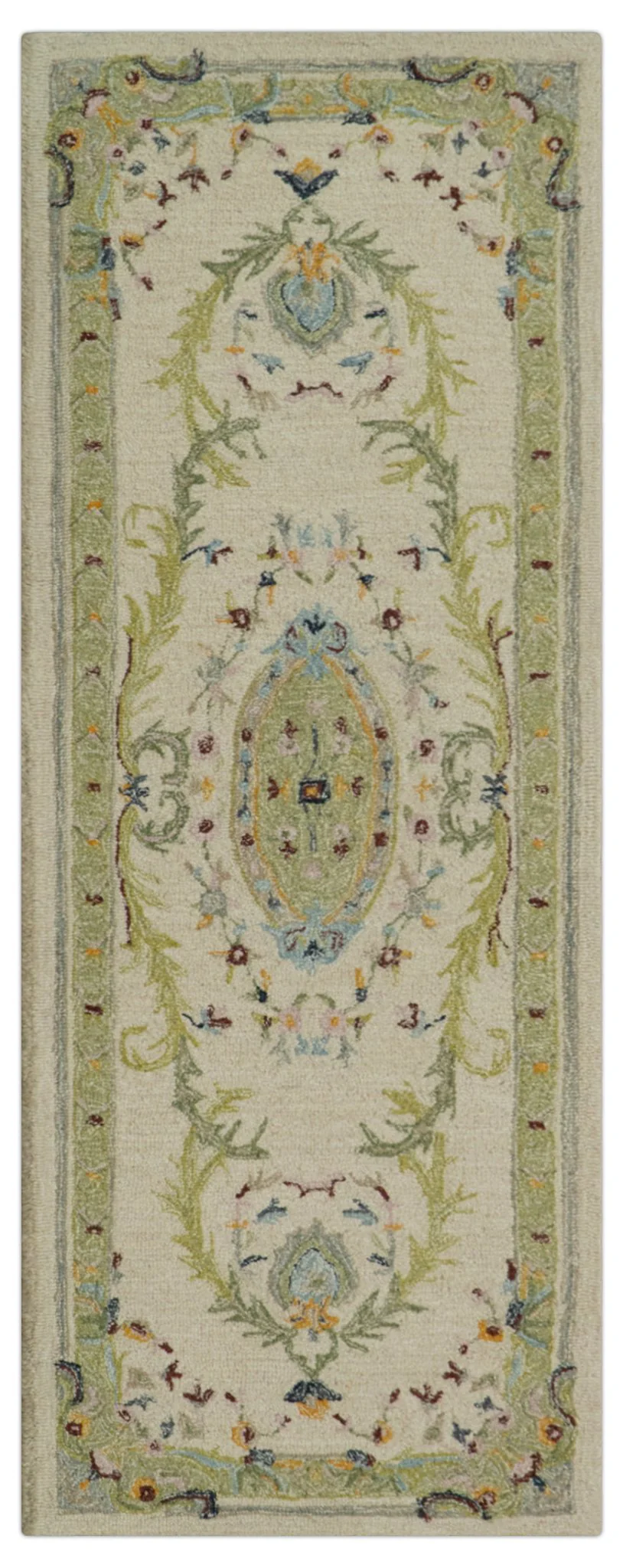 Ivory and Green Custom Made French Design Aubusson Hand Tufted Wool Area Rug - Image 11