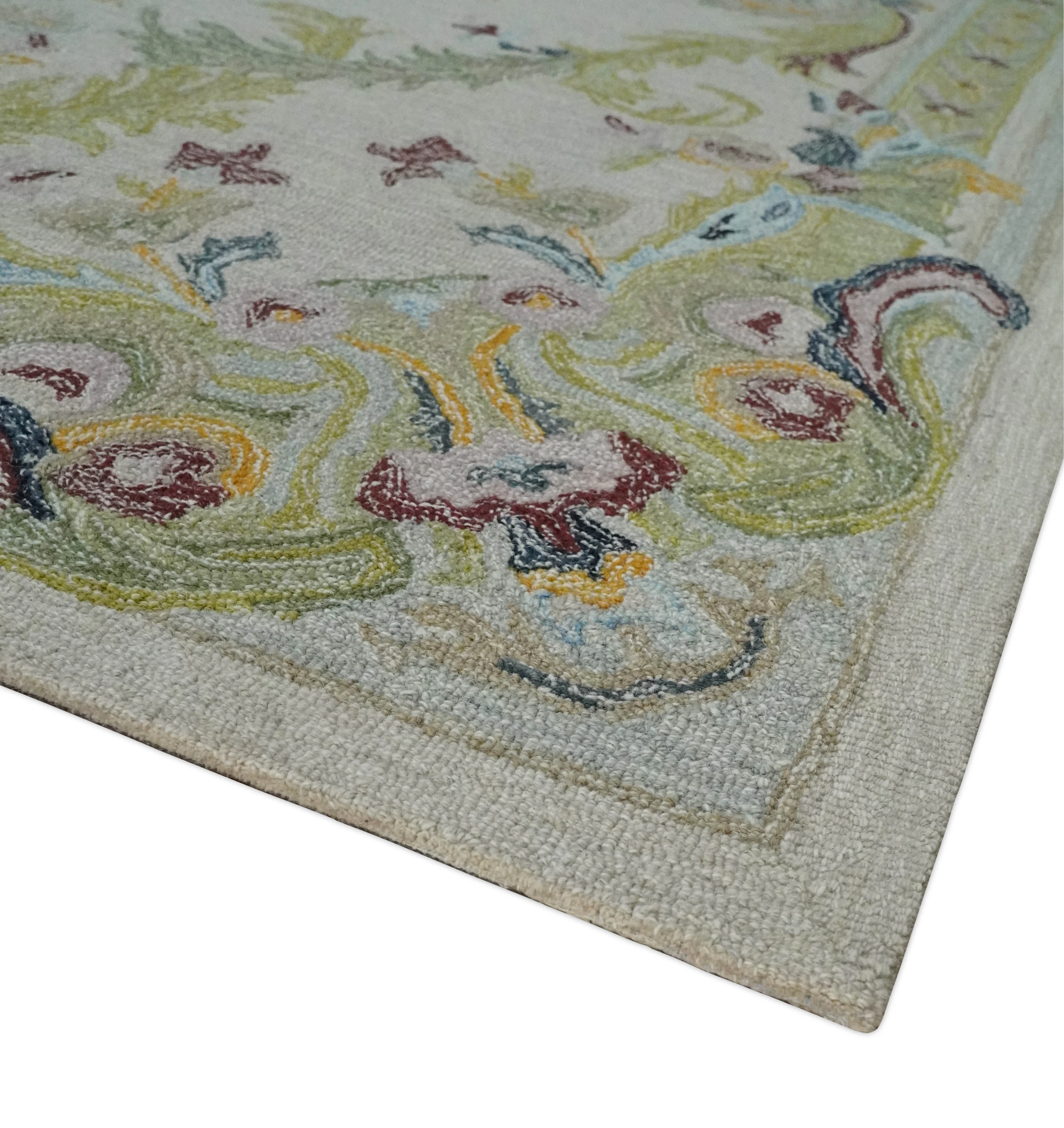 Ivory and Green Custom Made French Design Aubusson Hand Tufted Wool Area Rug - Image 5
