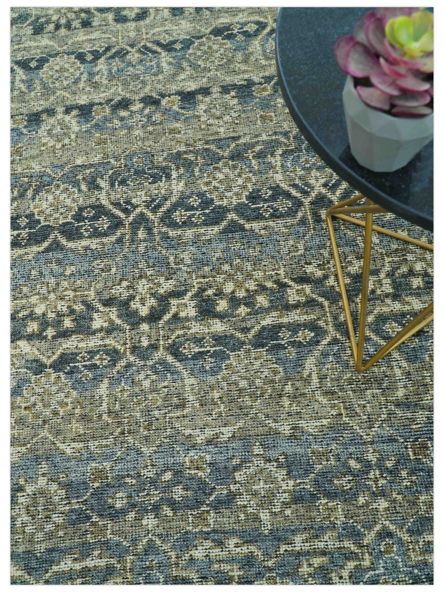 Custom Made Antique Charcoal Blue Transitional Hand Knotted Wool Area Rug - Image 3