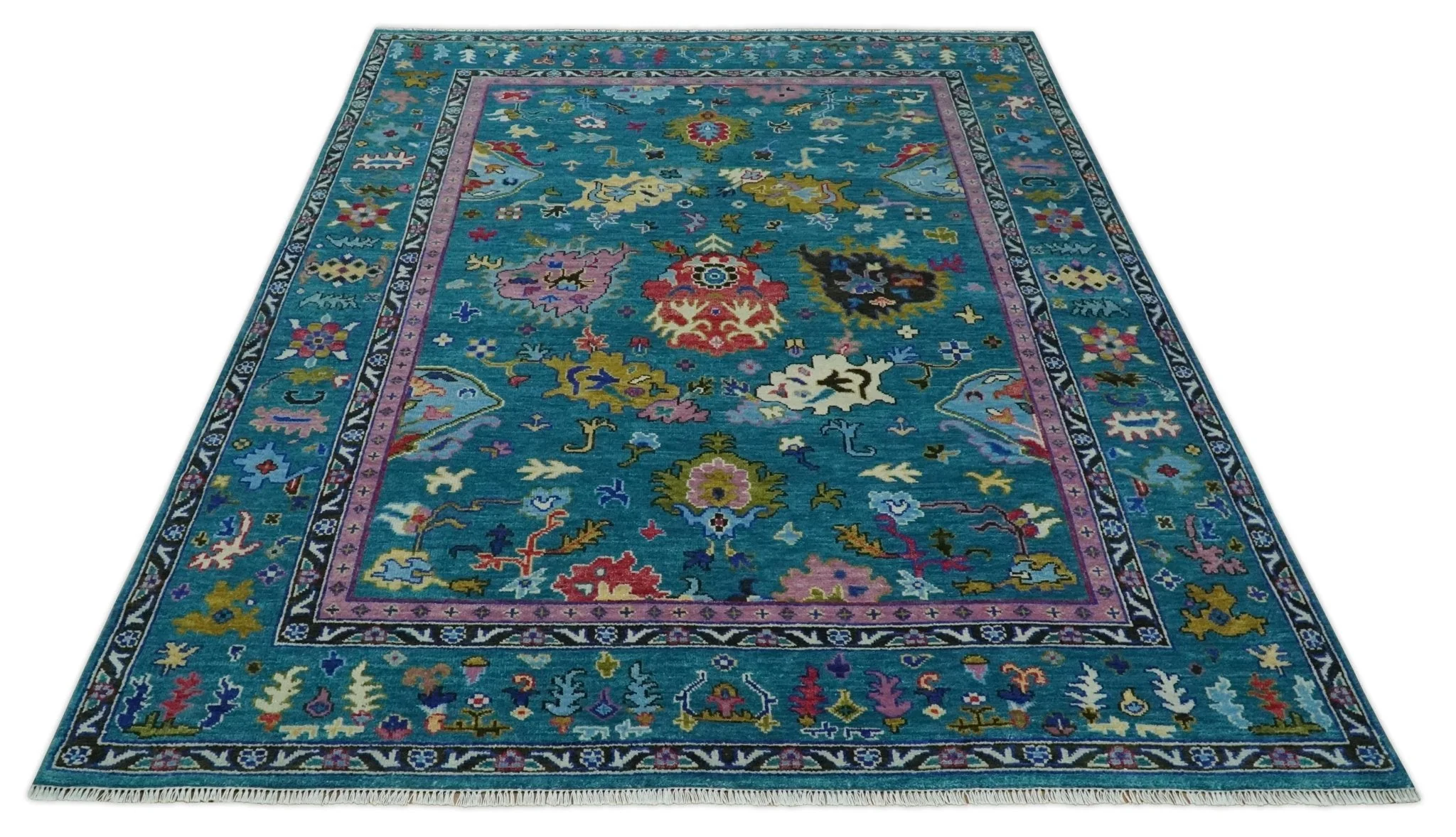 Custom Made Antique Style Hand Knotted Teal and Purple Traditional Oushak Multi Size Wool Rug - Image 10