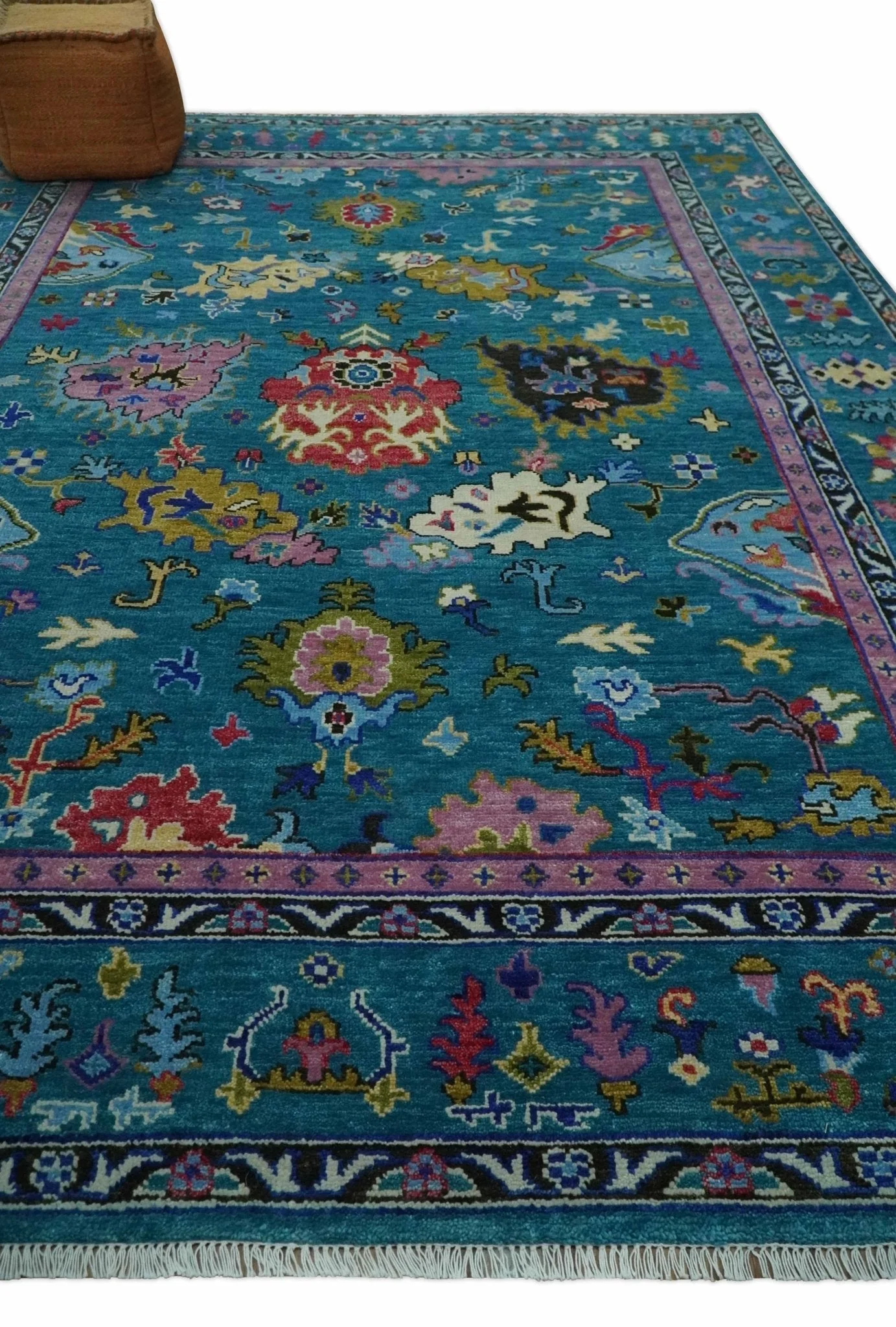 Custom Made Antique Style Hand Knotted Teal and Purple Traditional Oushak Multi Size Wool Rug - Image 3