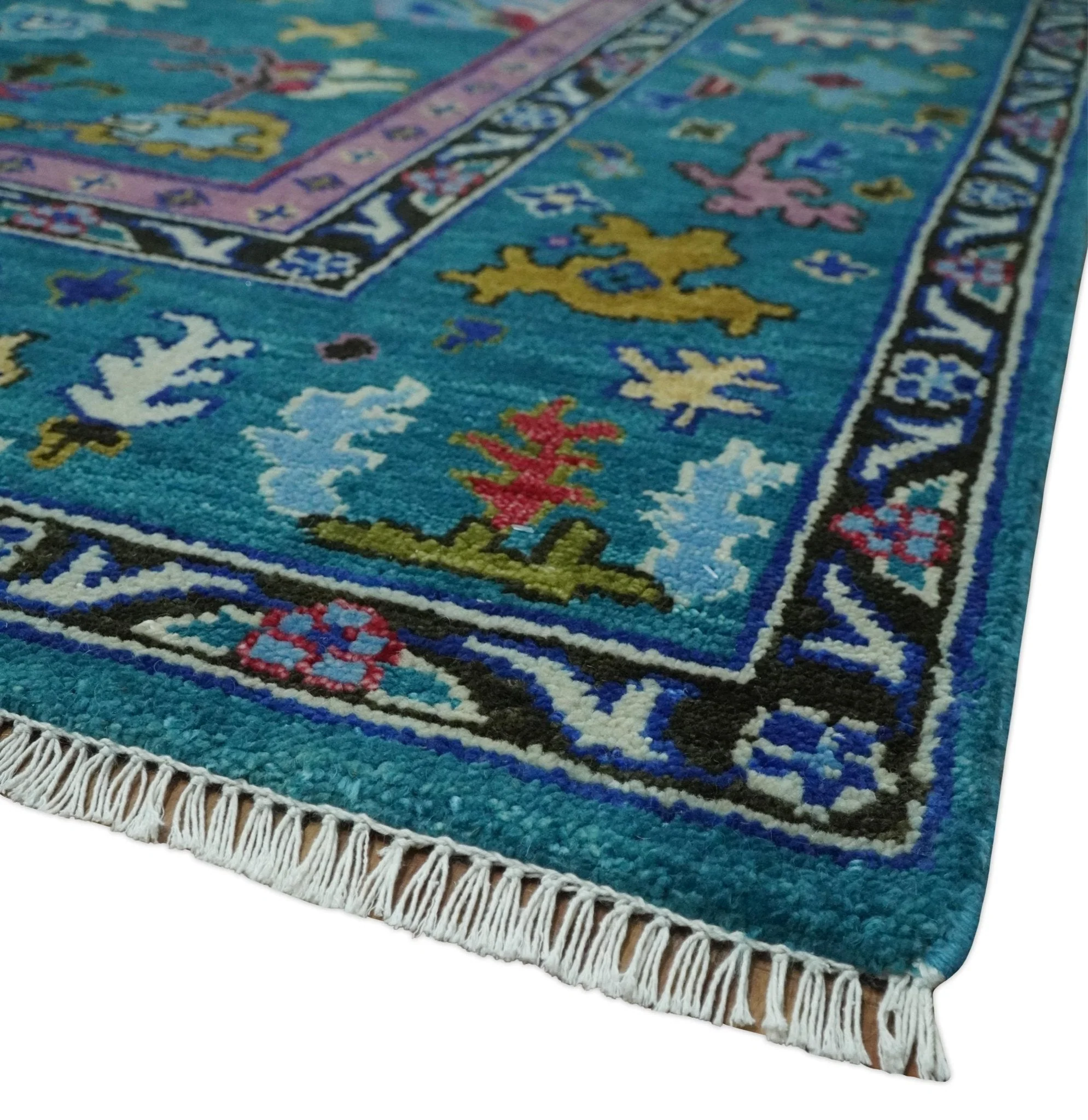 Custom Made Antique Style Hand Knotted Teal and Purple Traditional Oushak Multi Size Wool Rug - Image 5