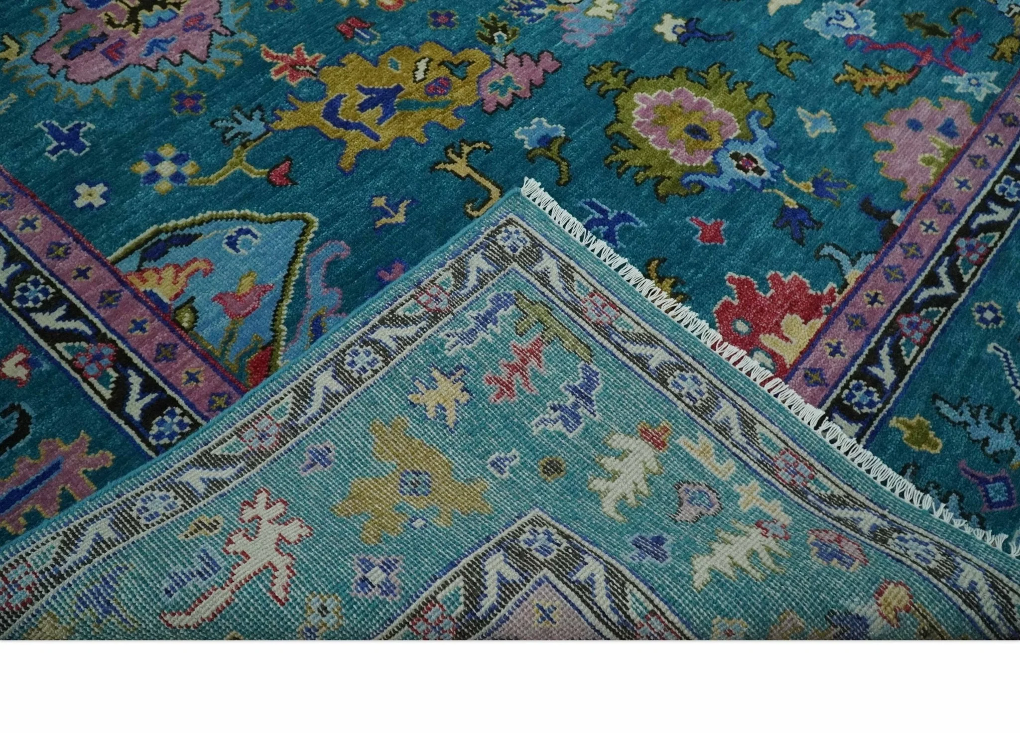 Custom Made Antique Style Hand Knotted Teal and Purple Traditional Oushak Multi Size Wool Rug - Image 6