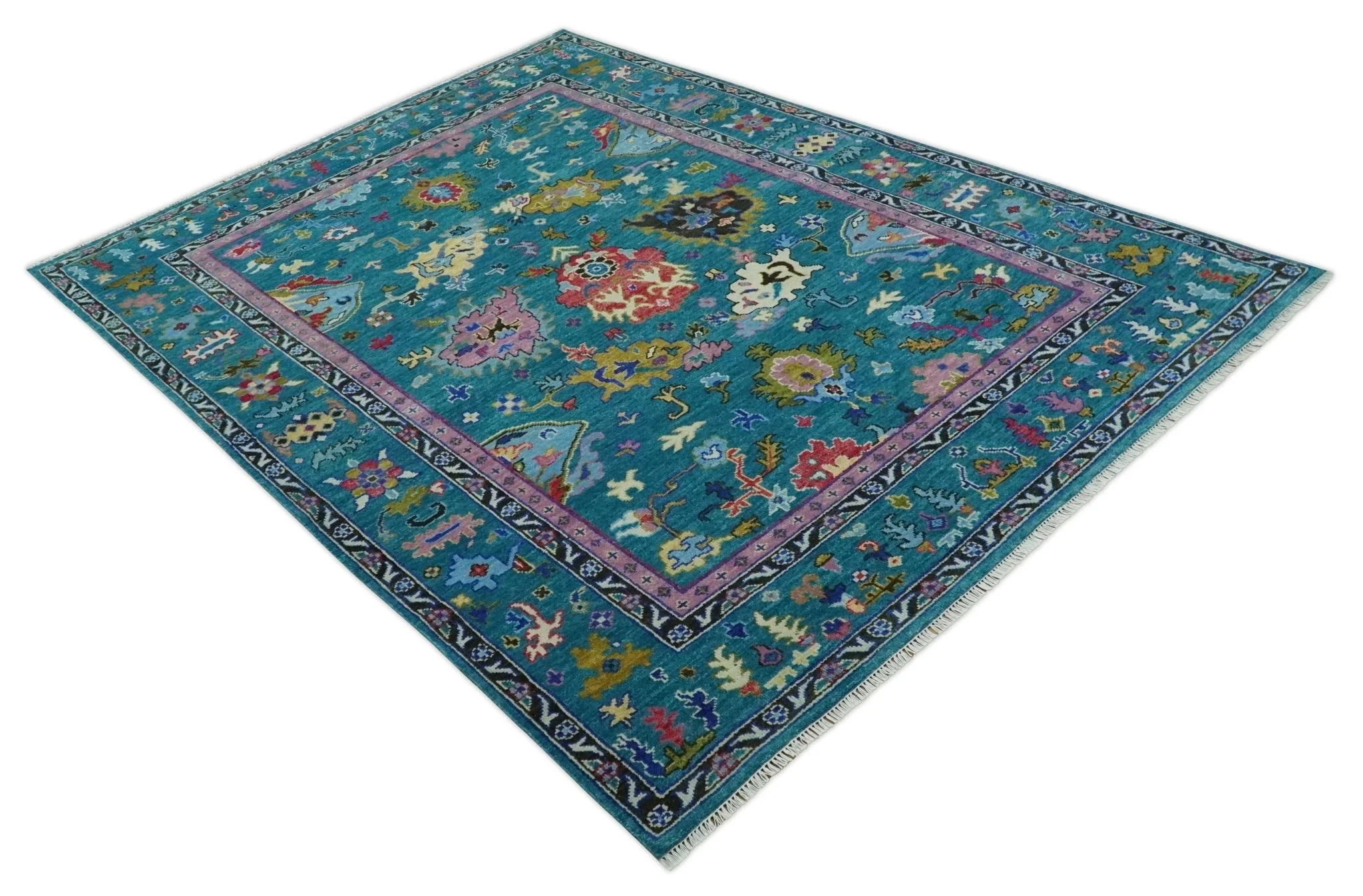Custom Made Antique Style Hand Knotted Teal and Purple Traditional Oushak Multi Size Wool Rug - Image 9