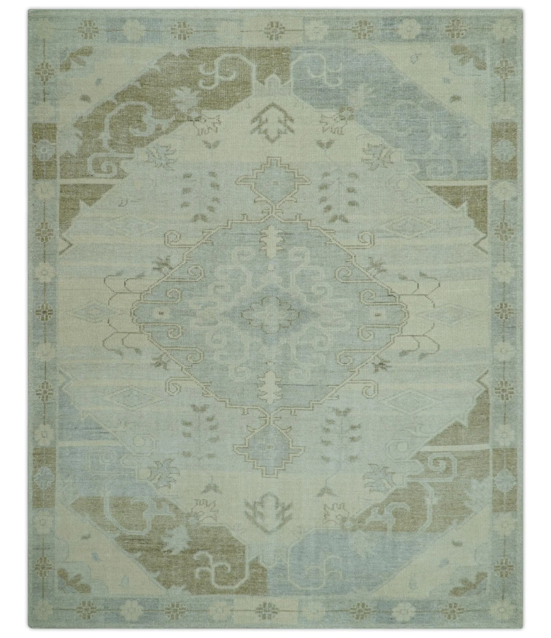 Custom Made Beige And Blue Traditional Turkish Design Hand knotted Wool Rug - Image 10