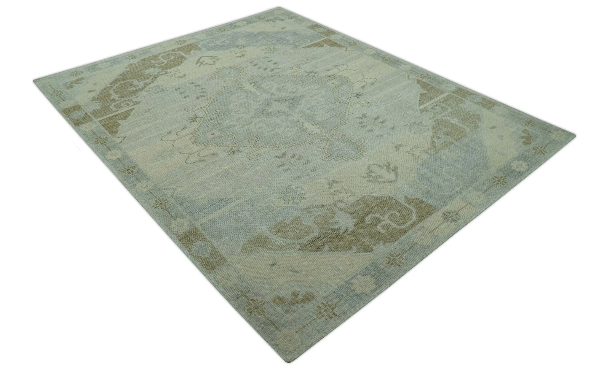 Custom Made Beige And Blue Traditional Turkish Design Hand knotted Wool Rug - Image 11