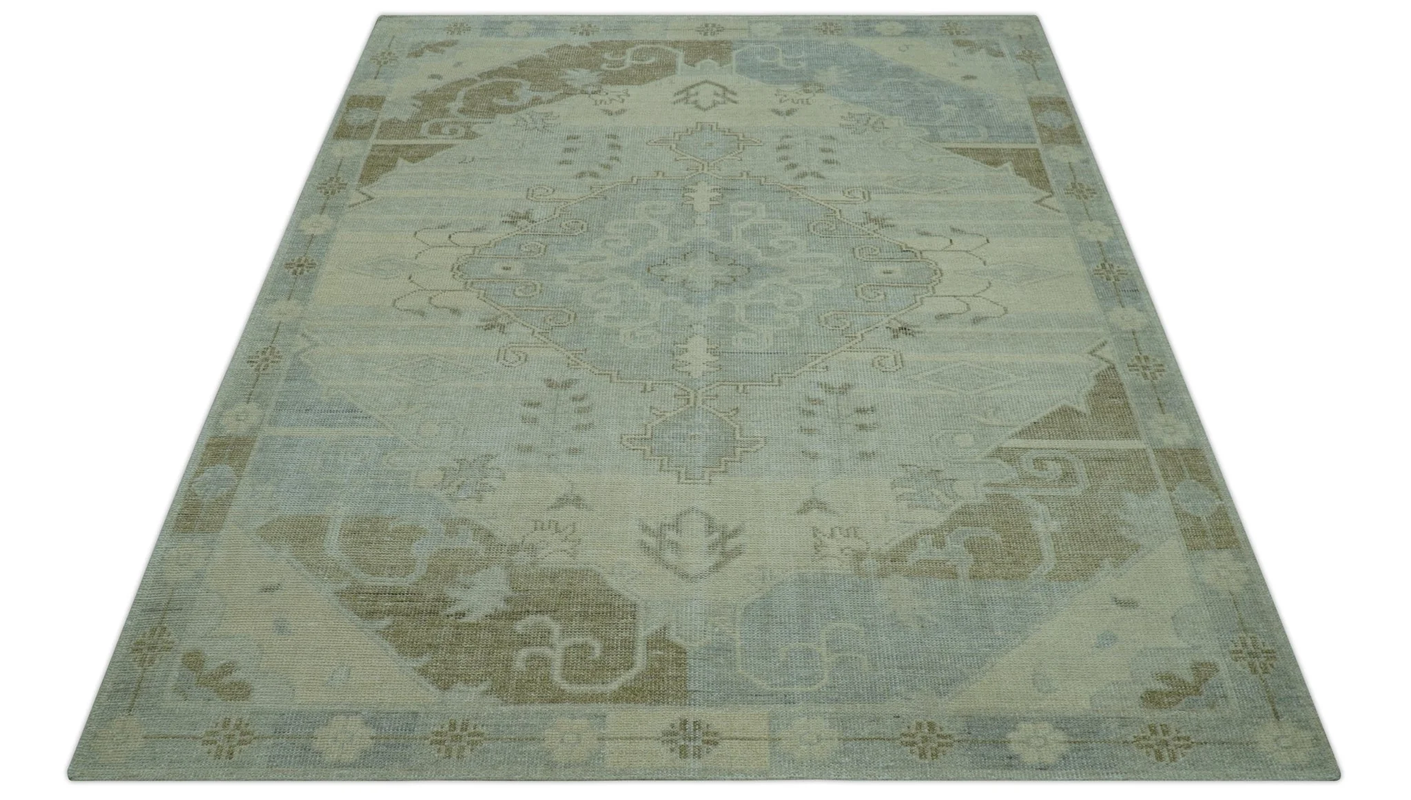 Custom Made Beige And Blue Traditional Turkish Design Hand knotted Wool Rug - Image 12