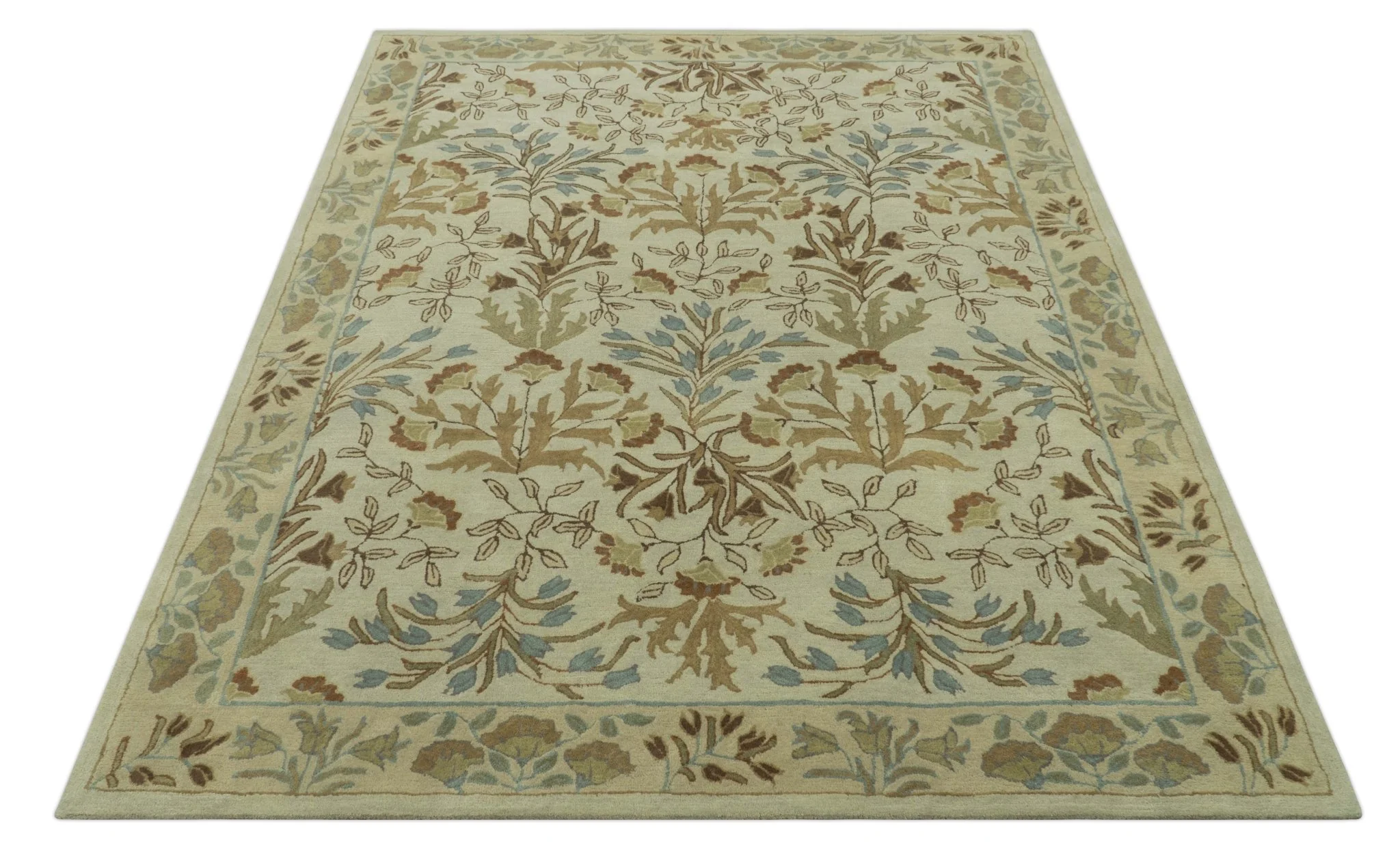 Custom Made Beige And Brown Traditional Floral Design Hand Tufted Wool Area Rug - Image 10