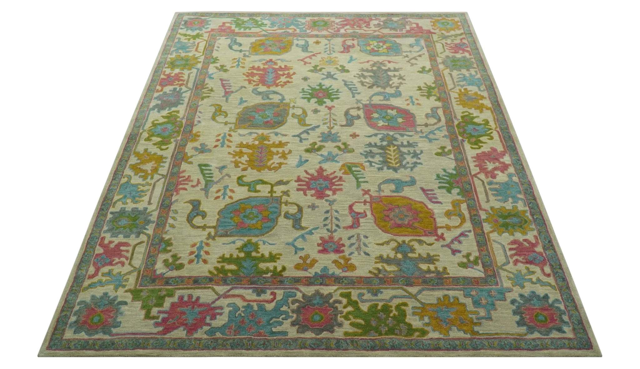 Custom Made Beige And Green Traditional Oushak Design Hand Tufted Wool Rug - Image 10