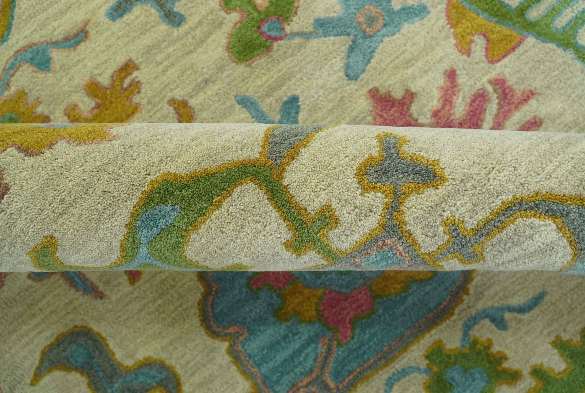 Custom Made Beige And Green Traditional Oushak Design Hand Tufted Wool Rug - Image 7